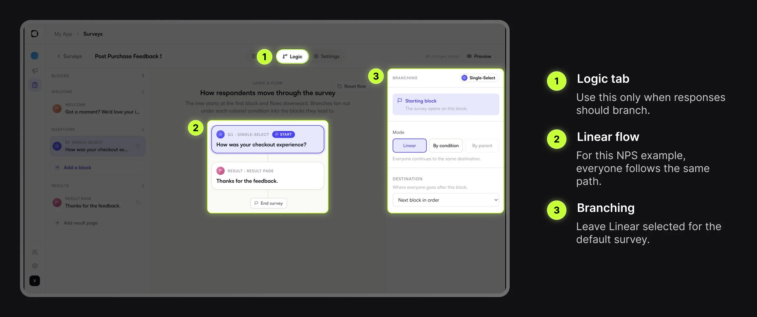 Digia Engage Survey Logic tab with flow and branching controls highlighted