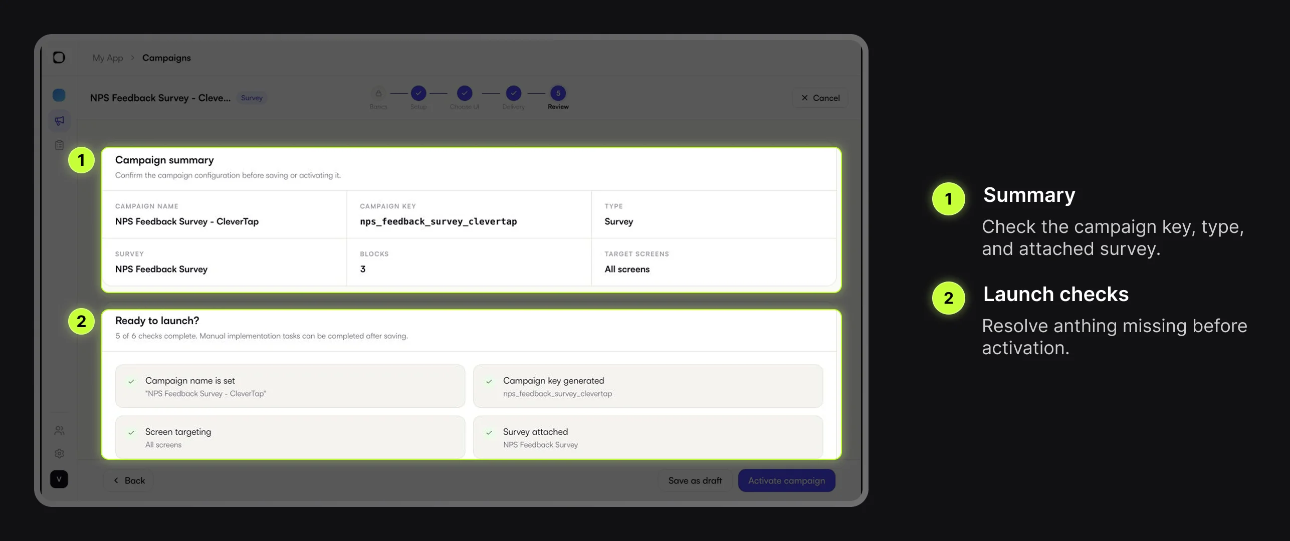 Digia Engage Survey campaign Review step with summary and launch checks highlighted