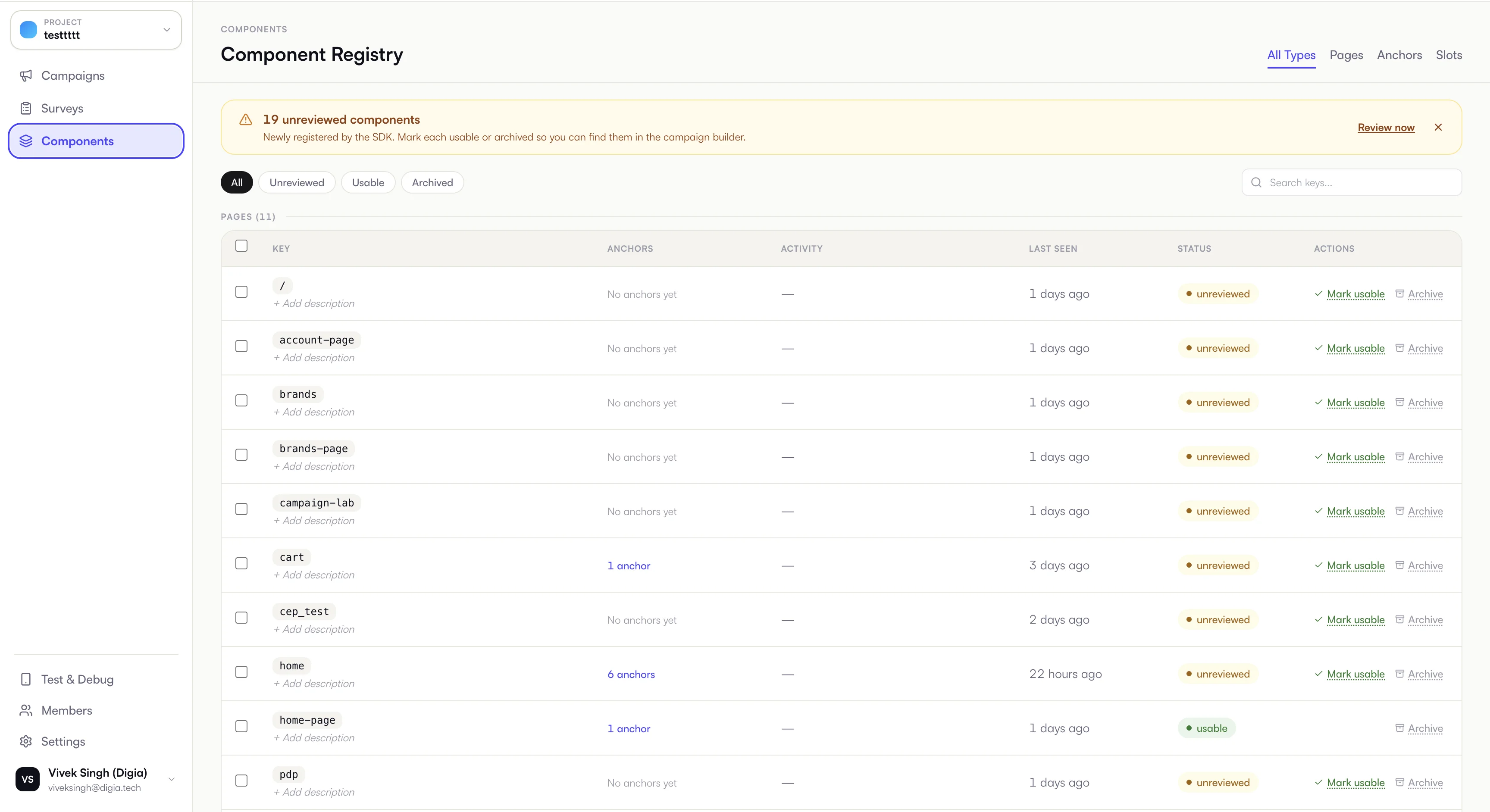 Digia Engage Component Registry showing synced pages and review actions