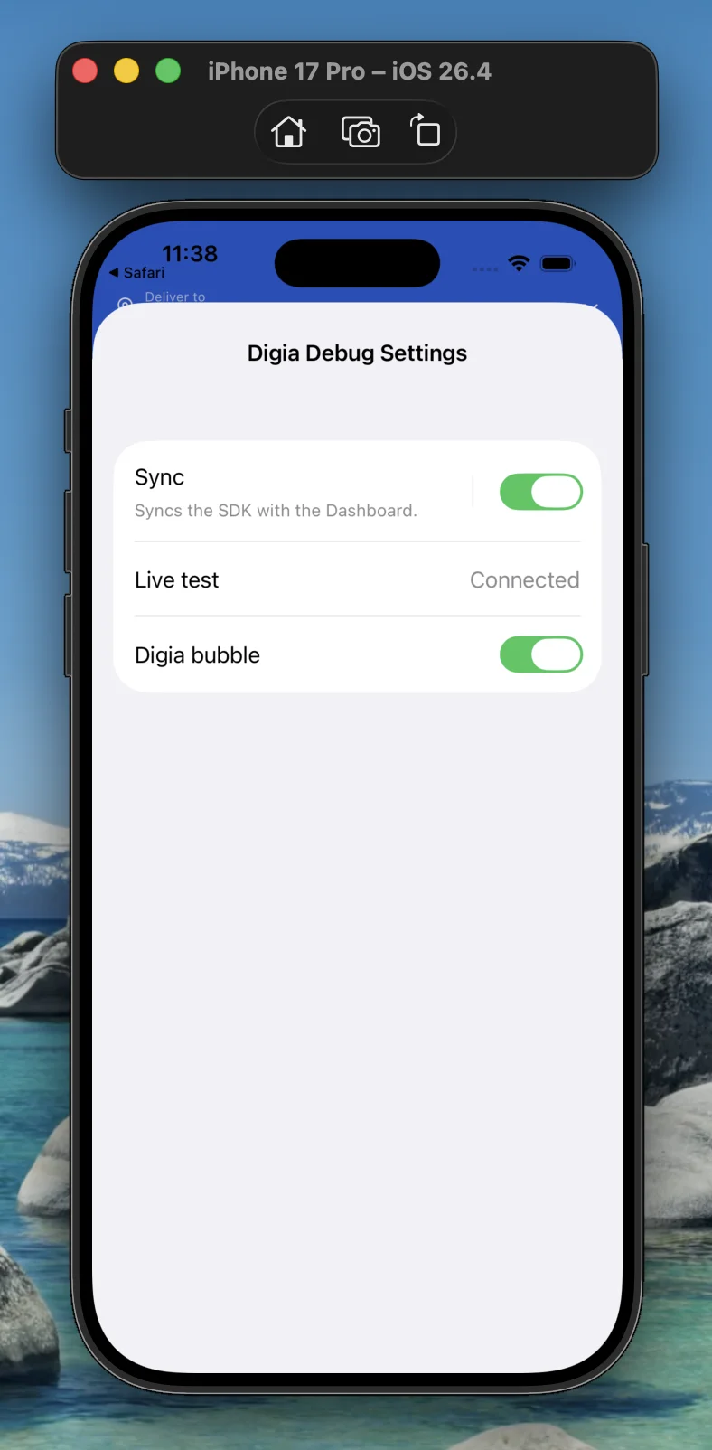 Digia Debug Settings screen showing Sync enabled and Live test connected