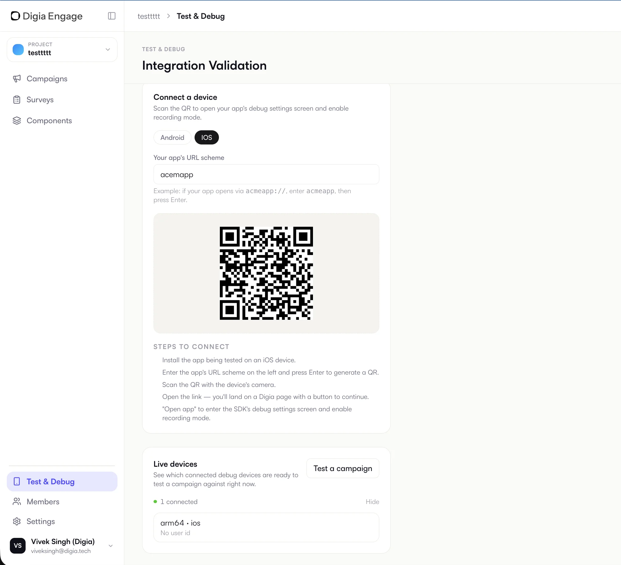 Digia Engage Test and Debug page with iOS QR setup and a connected live device