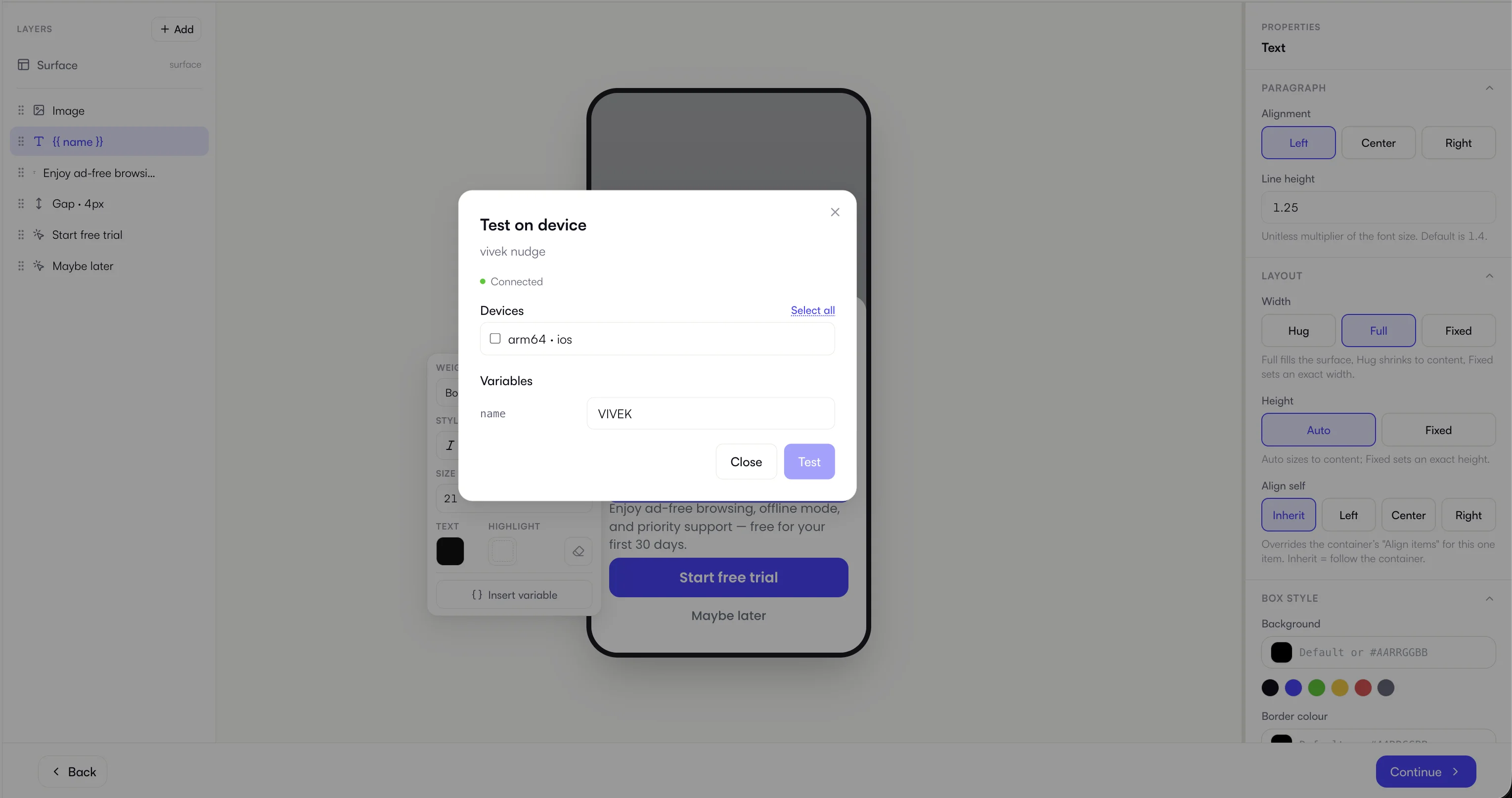 Test on device modal with connected device selection and variable values