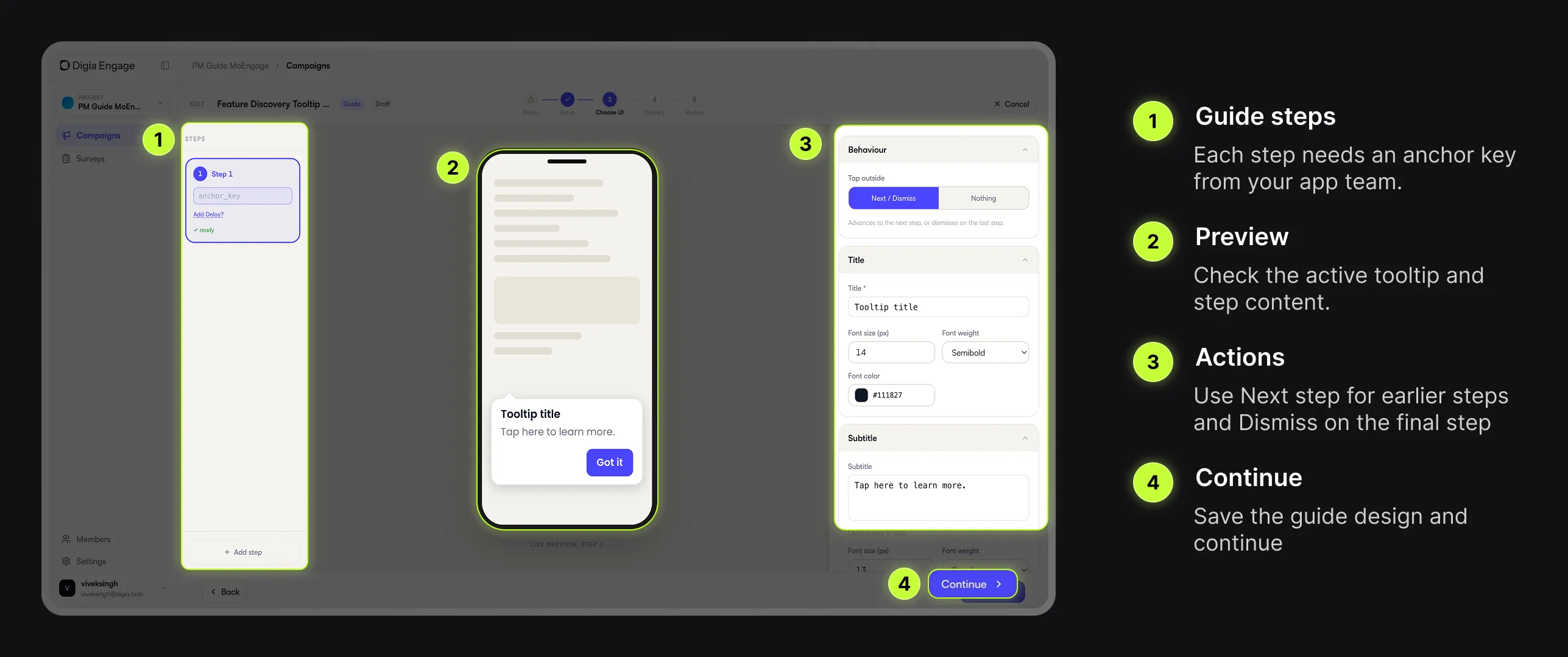 Digia Engage Guide builder with steps, preview, and action controls highlighted