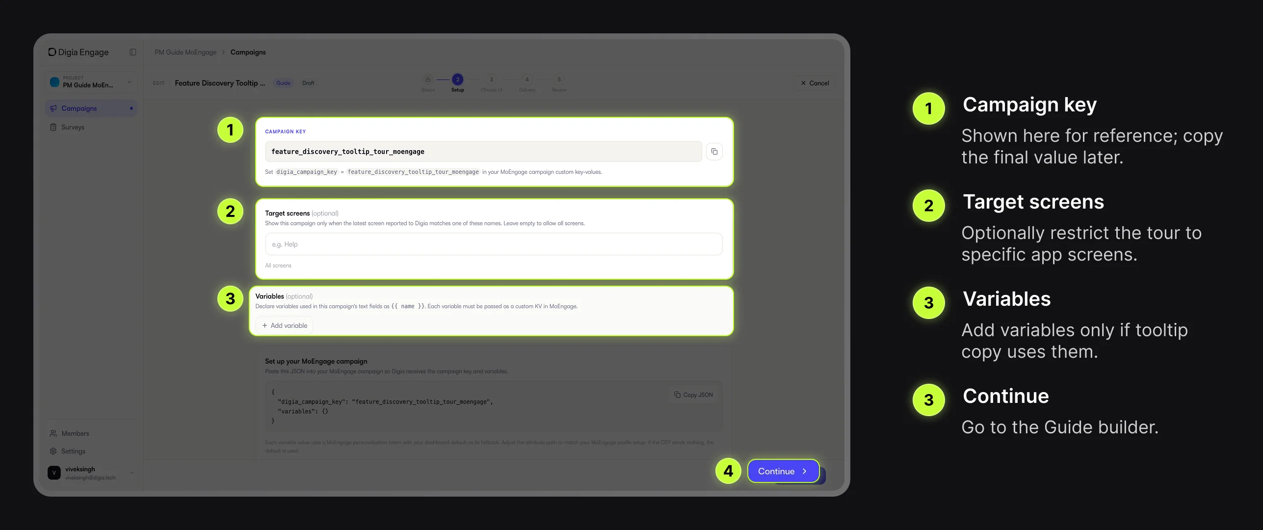 Digia Engage Setup step with campaign key, target screens, and variables highlighted