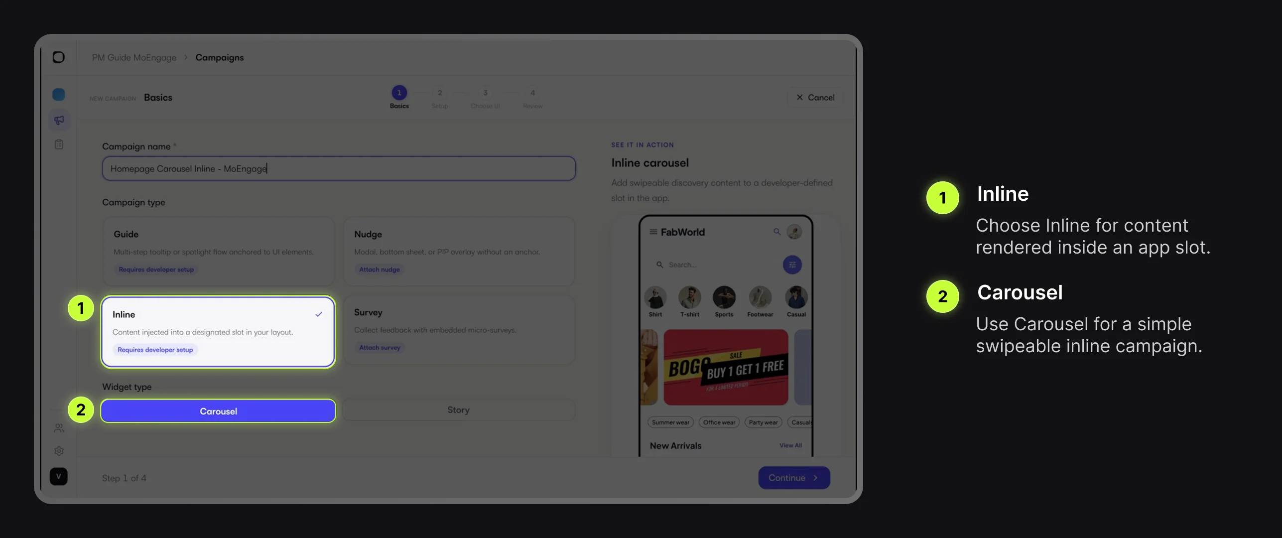 Digia Engage Basics step with Inline and Carousel highlighted