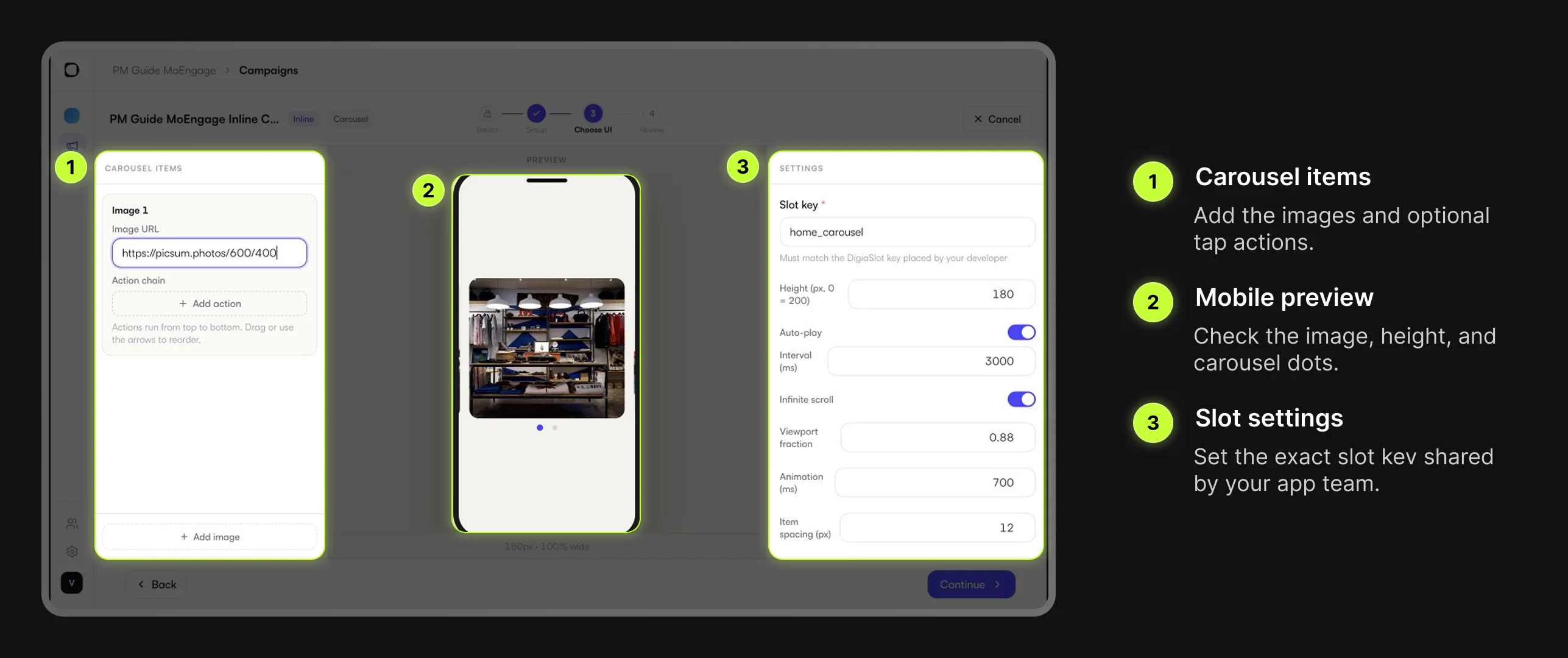 Digia Engage Inline Carousel builder with carousel items, preview, and slot settings highlighted
