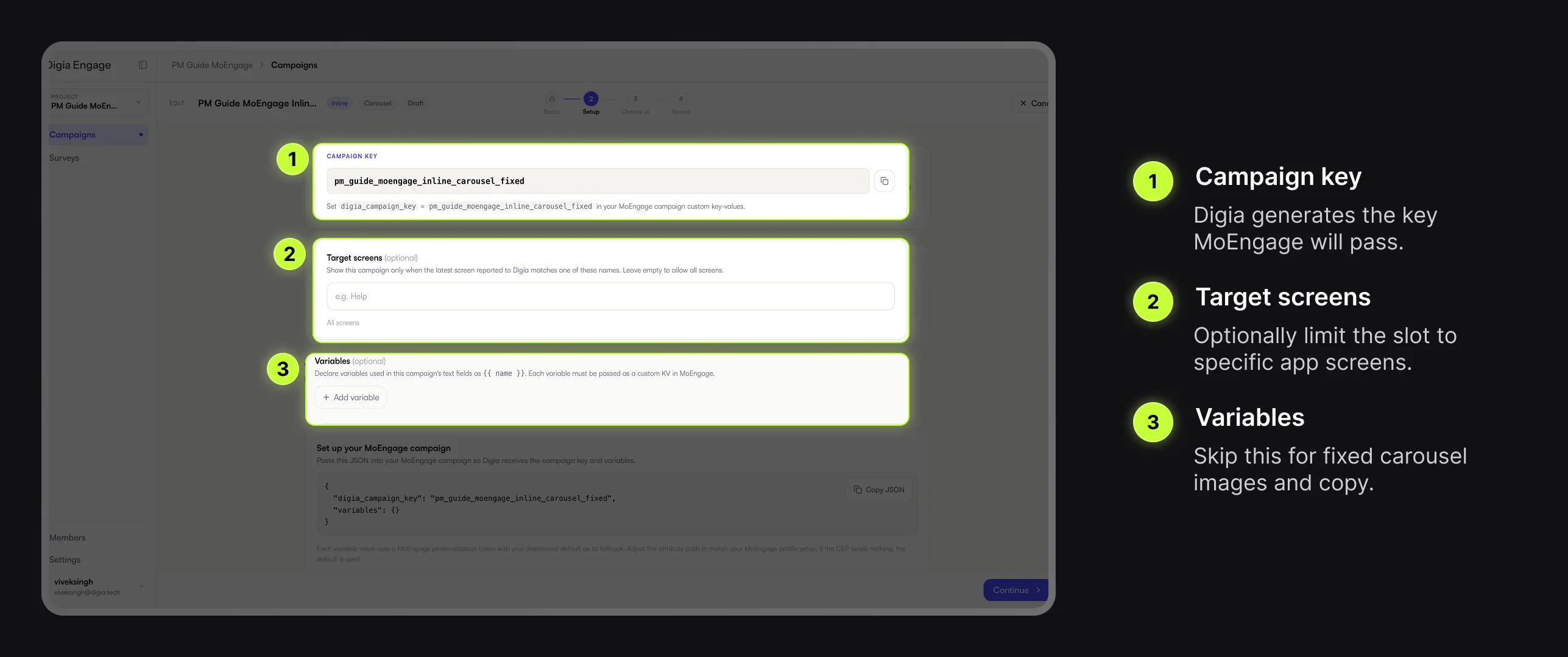 Digia Engage Inline Setup step with campaign key and target screens highlighted