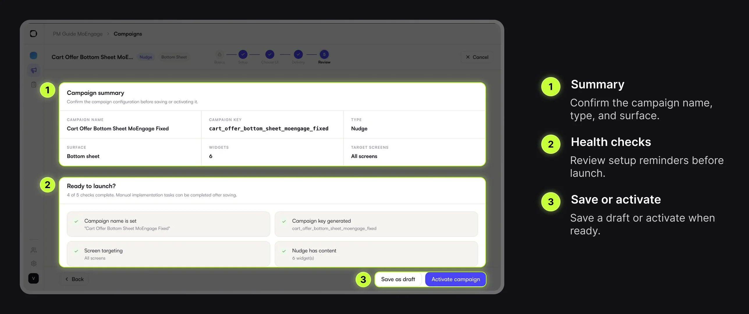 Digia Engage Review step with the readiness checklist highlighted