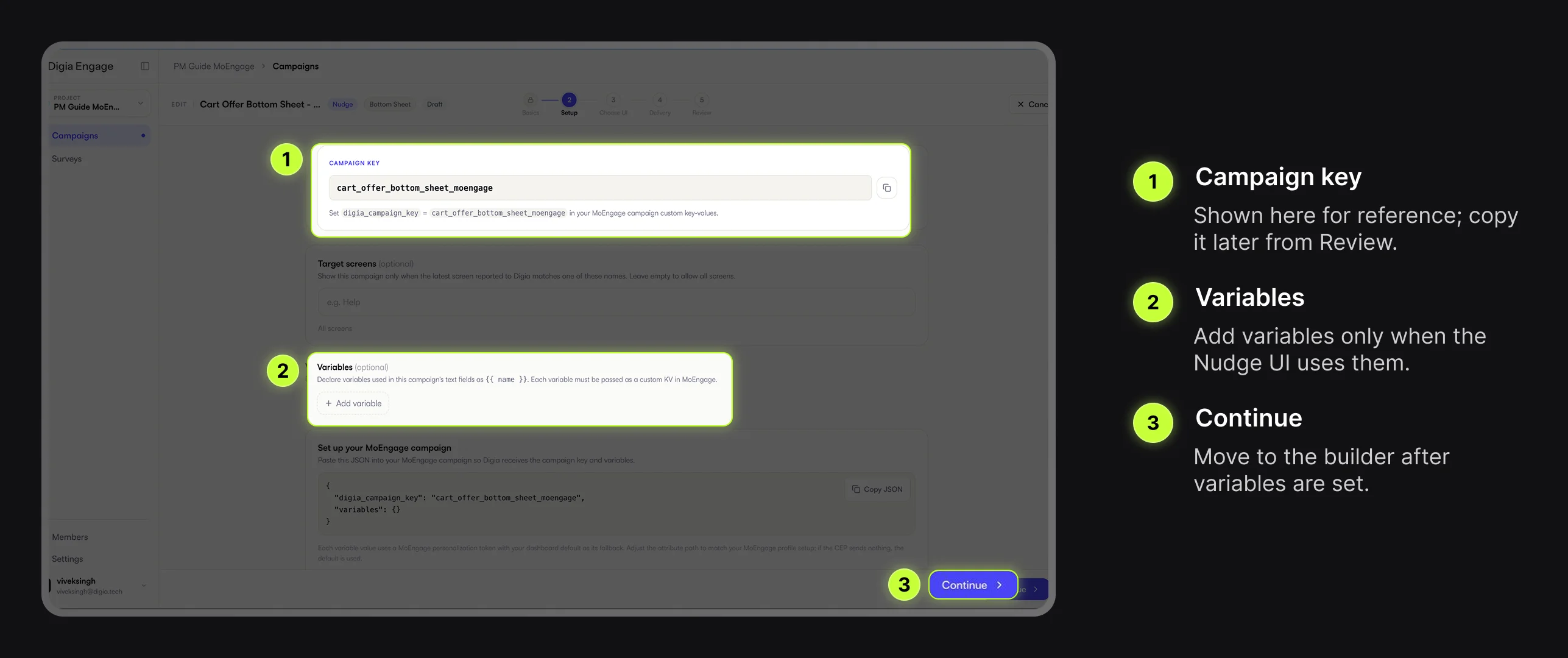 Digia Engage Setup step with campaign key and variables highlighted
