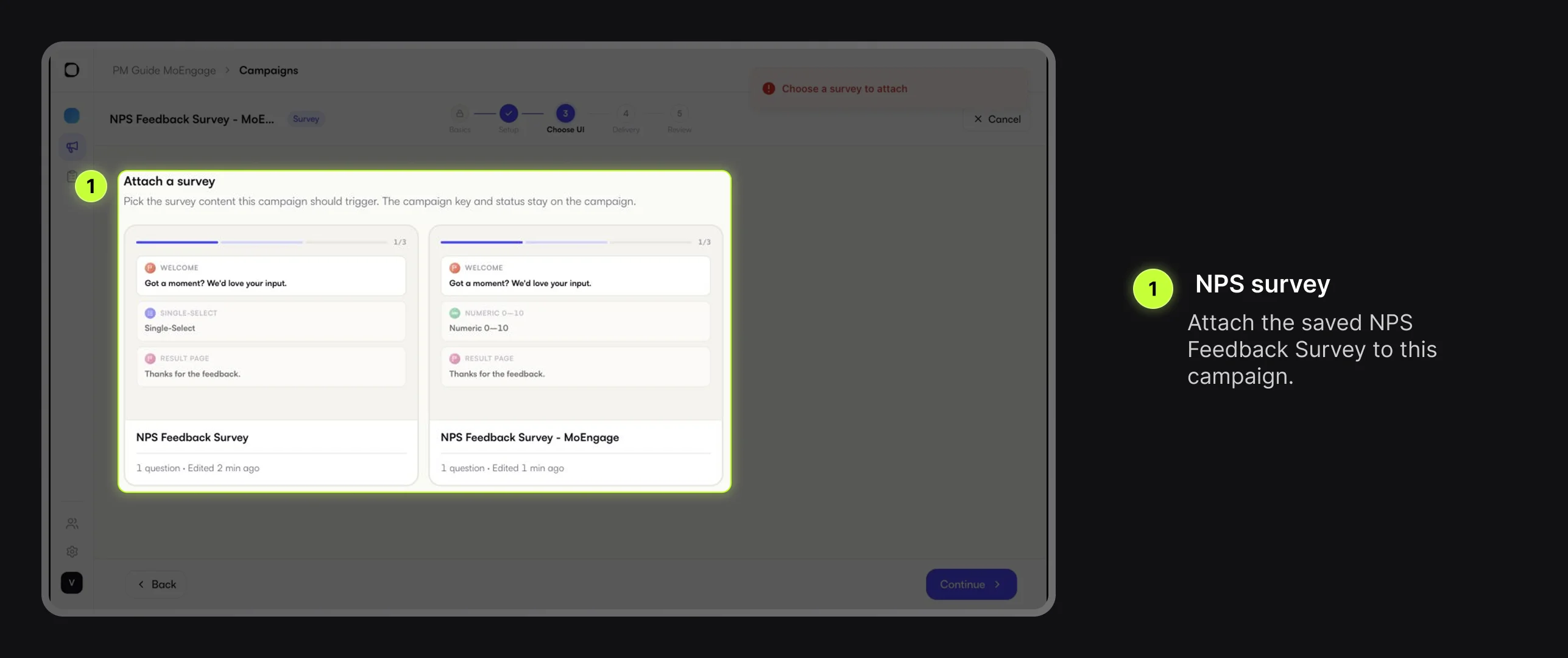 Digia Engage Attach a survey step with NPS Feedback Survey selected