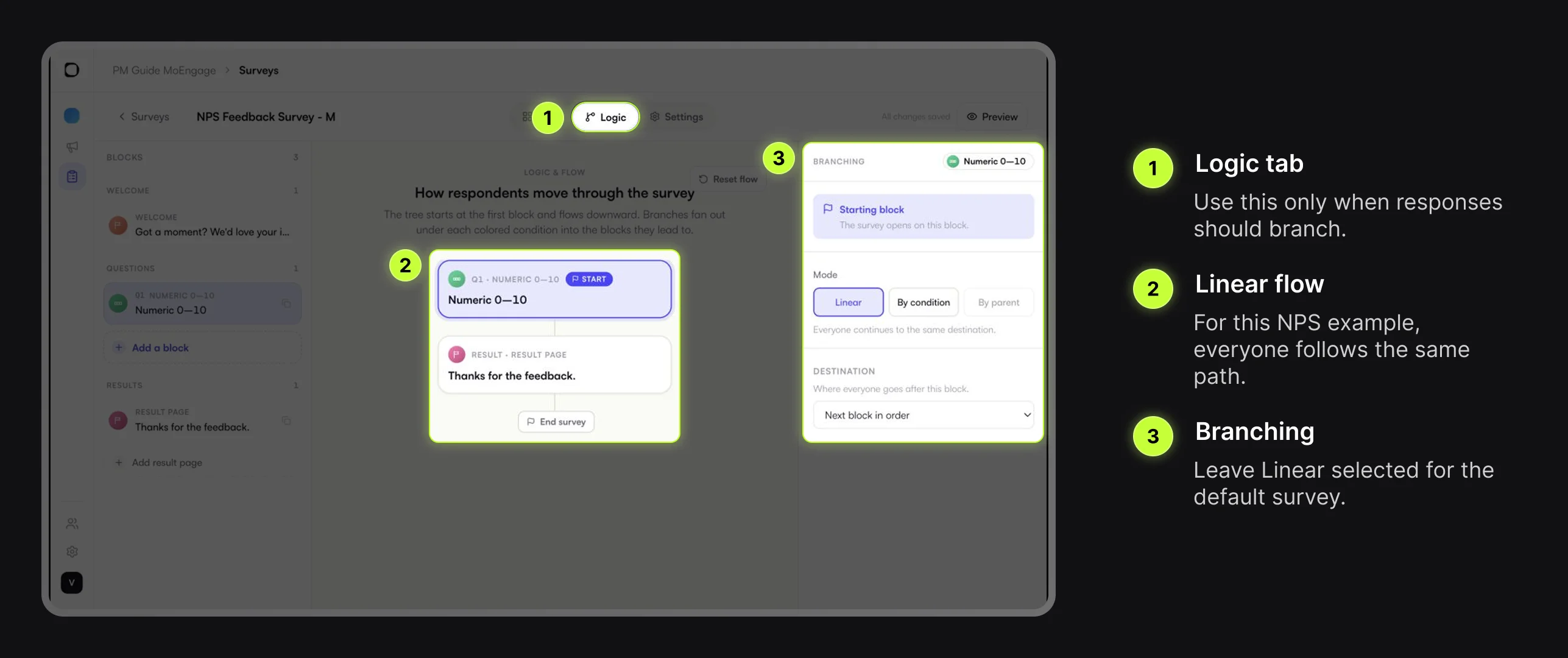 Digia Engage Survey Logic tab with flow and branching controls highlighted