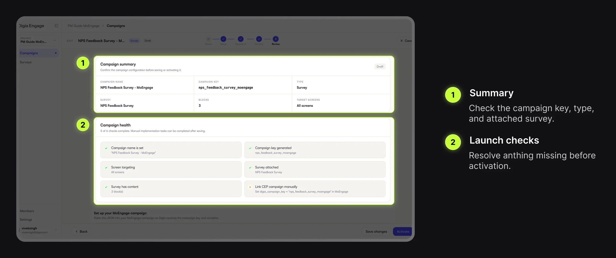 Digia Engage Survey campaign Review step with summary and launch checks highlighted