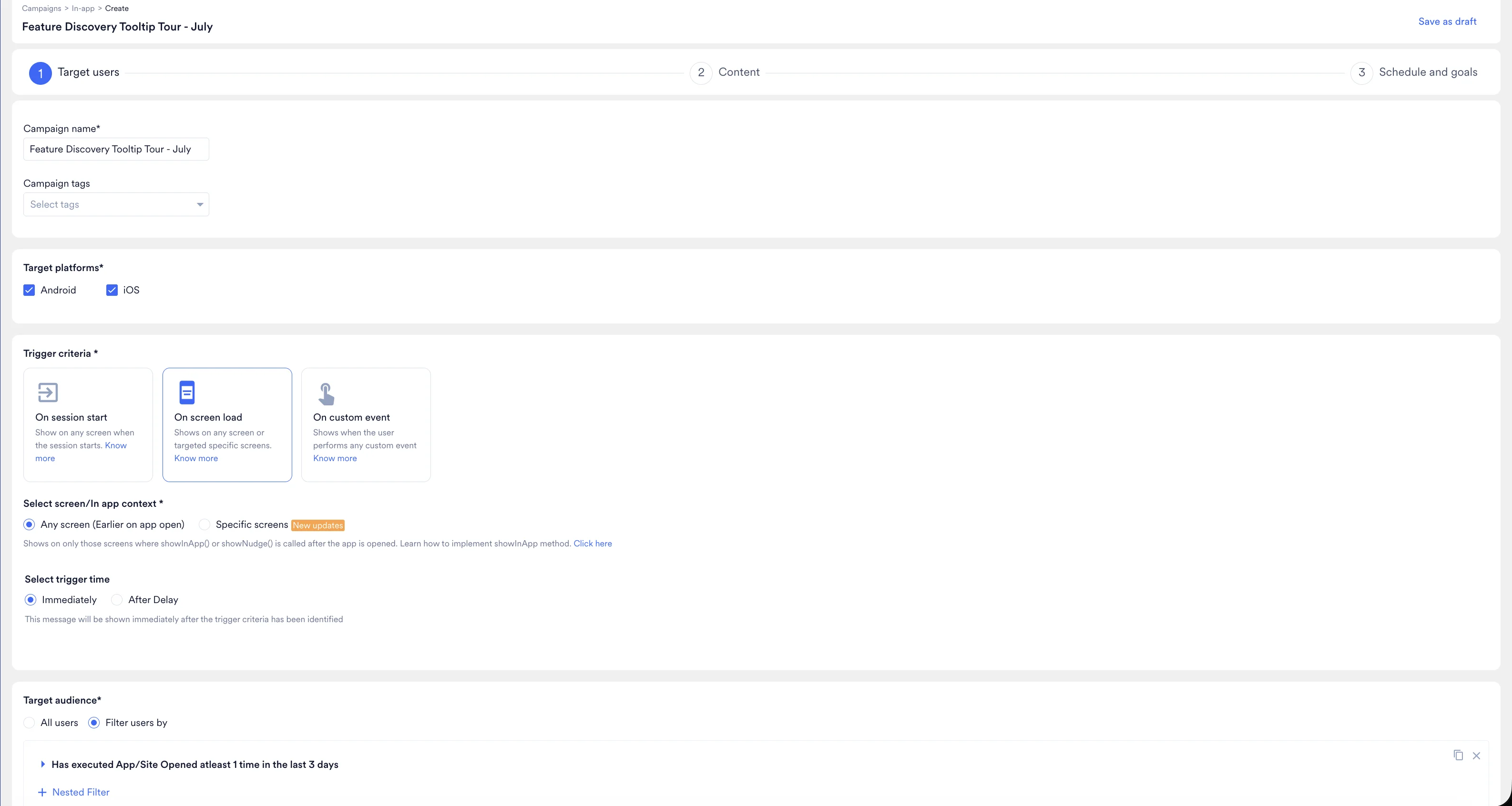 MoEngage Target users step for the Feature Discovery Tooltip Tour