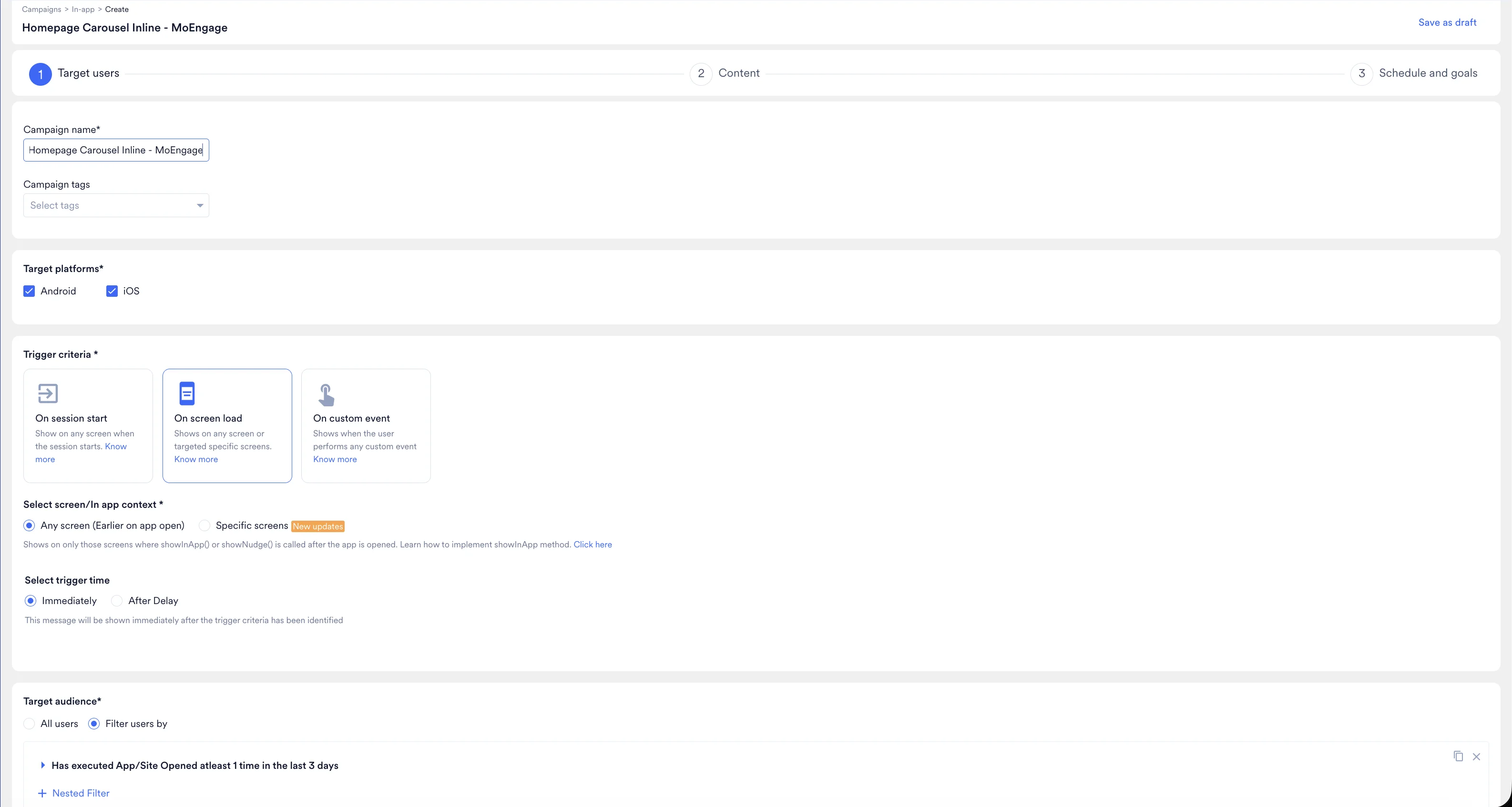 MoEngage Target users step for the Homepage Carousel Inline campaign