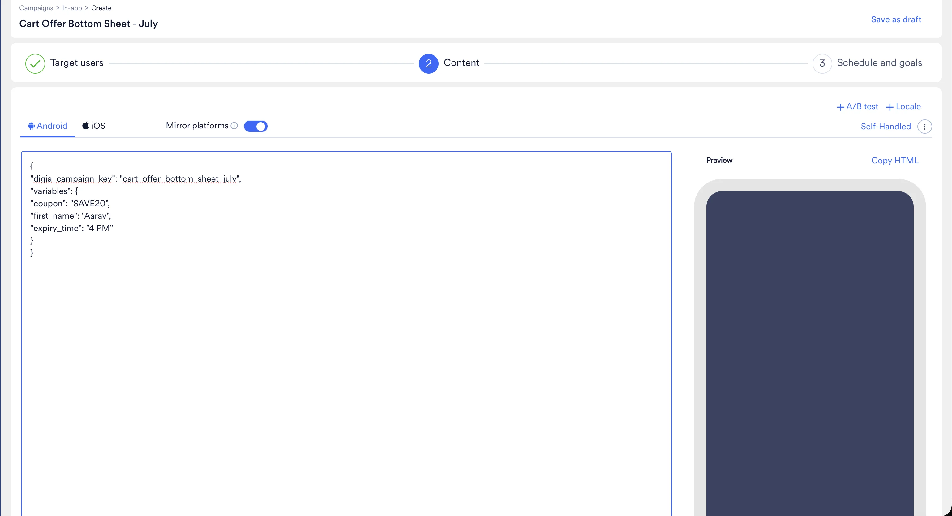 MoEngage Self-Handled content editor with Digia campaign key and variables