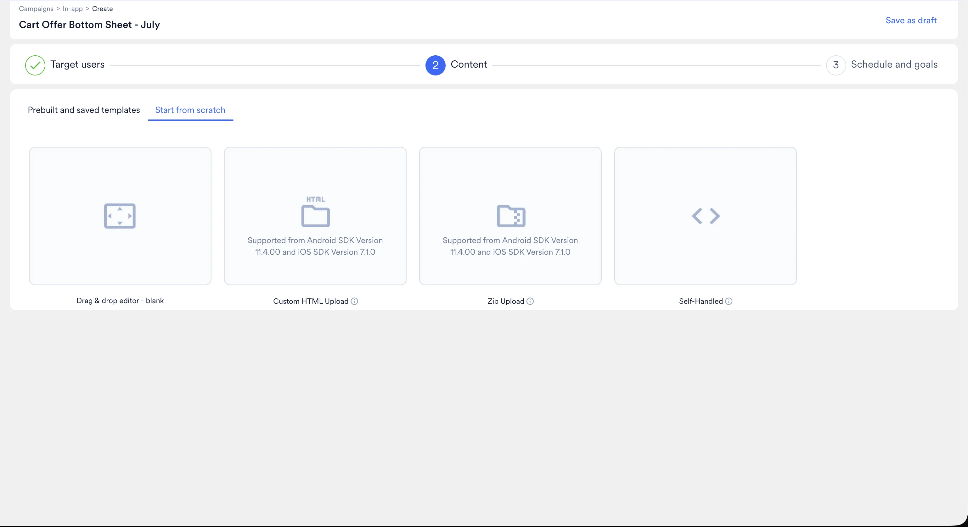MoEngage content step with the Self-Handled option