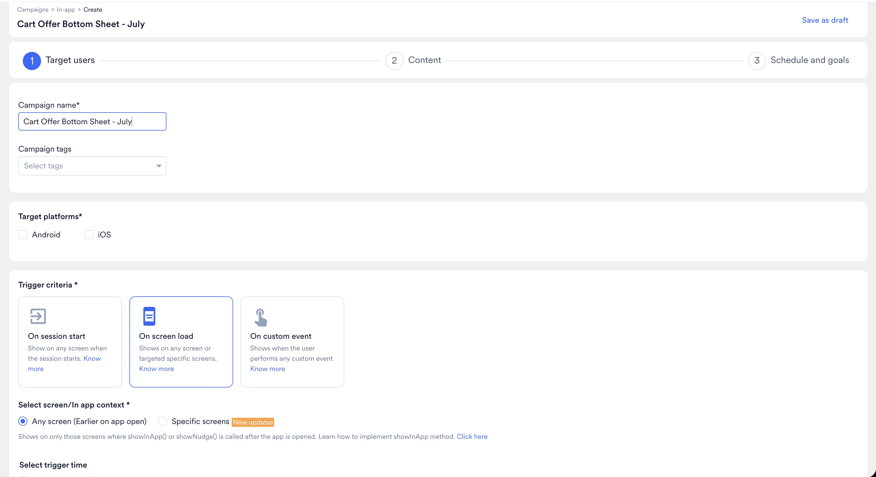 MoEngage Target users step for the Cart Offer Bottom Sheet campaign