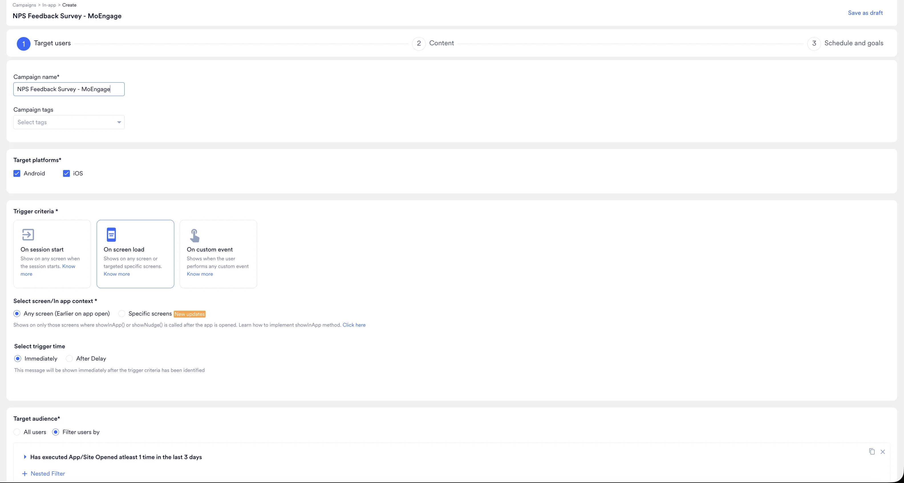 MoEngage Target users step for the NPS Feedback Survey campaign