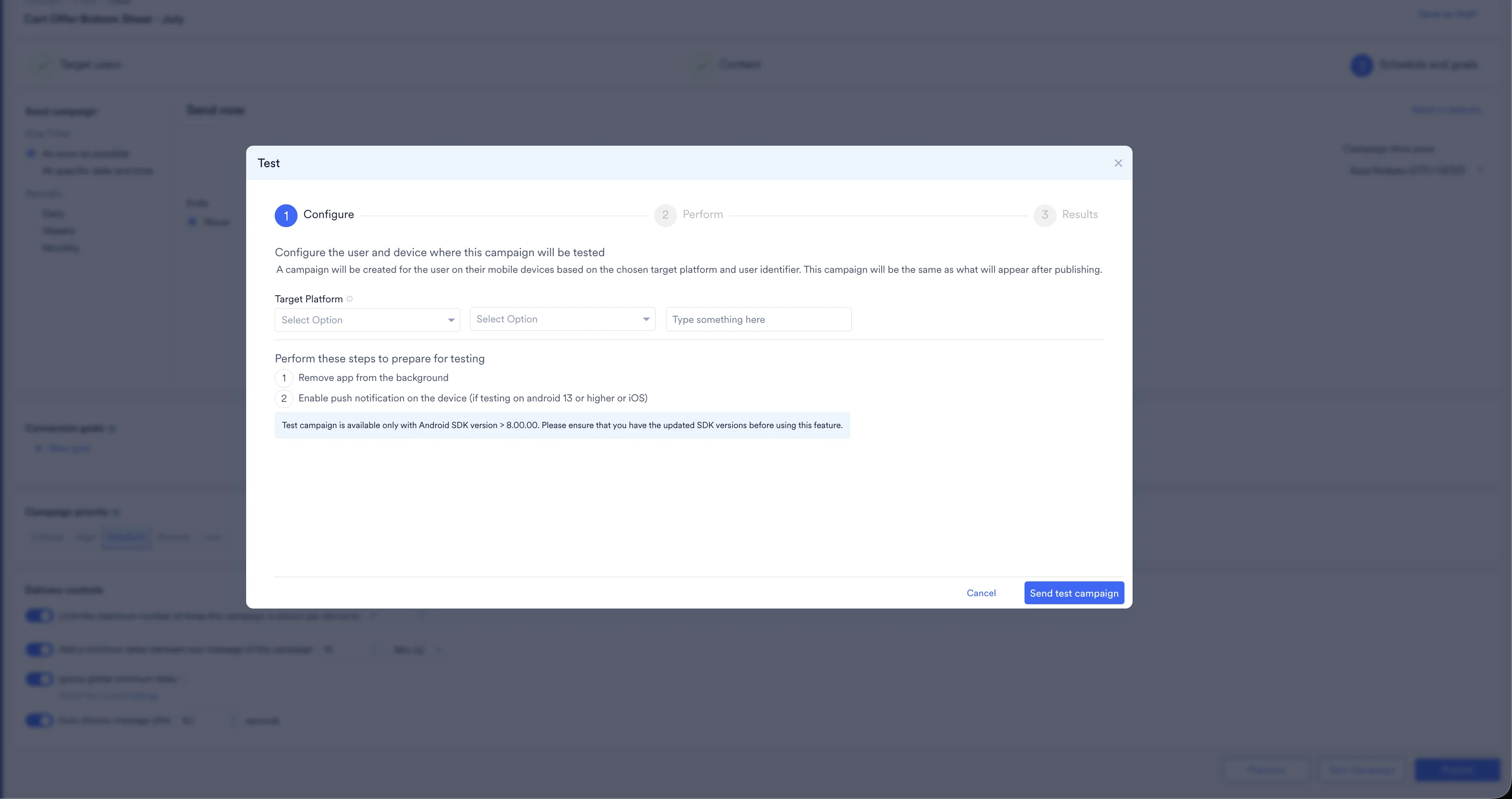 MoEngage test campaign modal