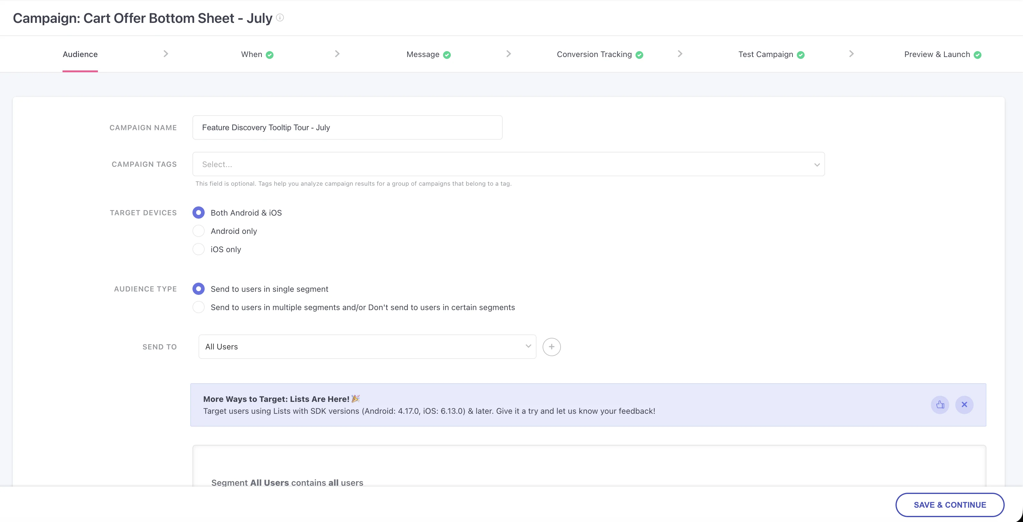 WebEngage Audience step for the Feature Discovery Tooltip Tour