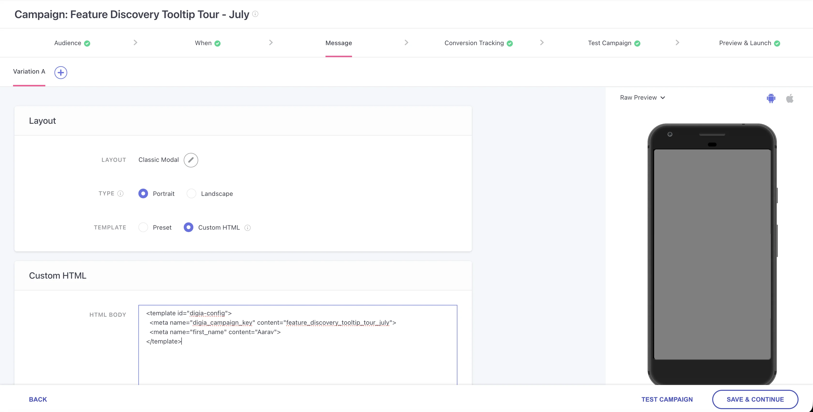 WebEngage Custom HTML editor with Digia Guide campaign key and variables