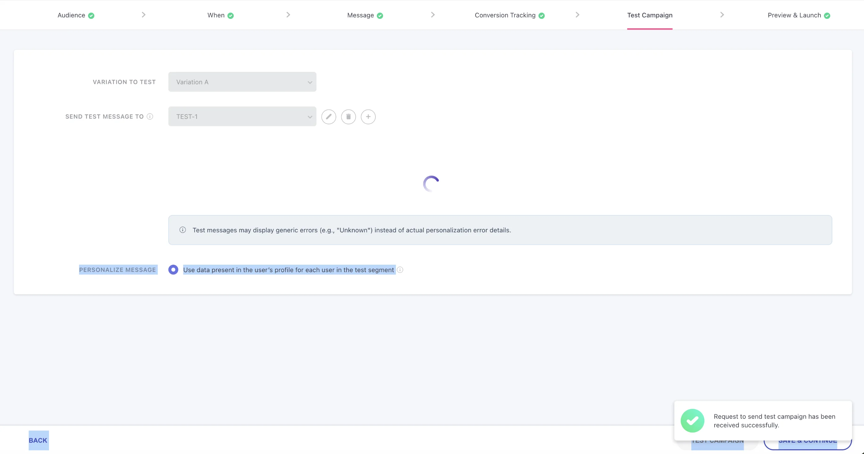 WebEngage Test Campaign step