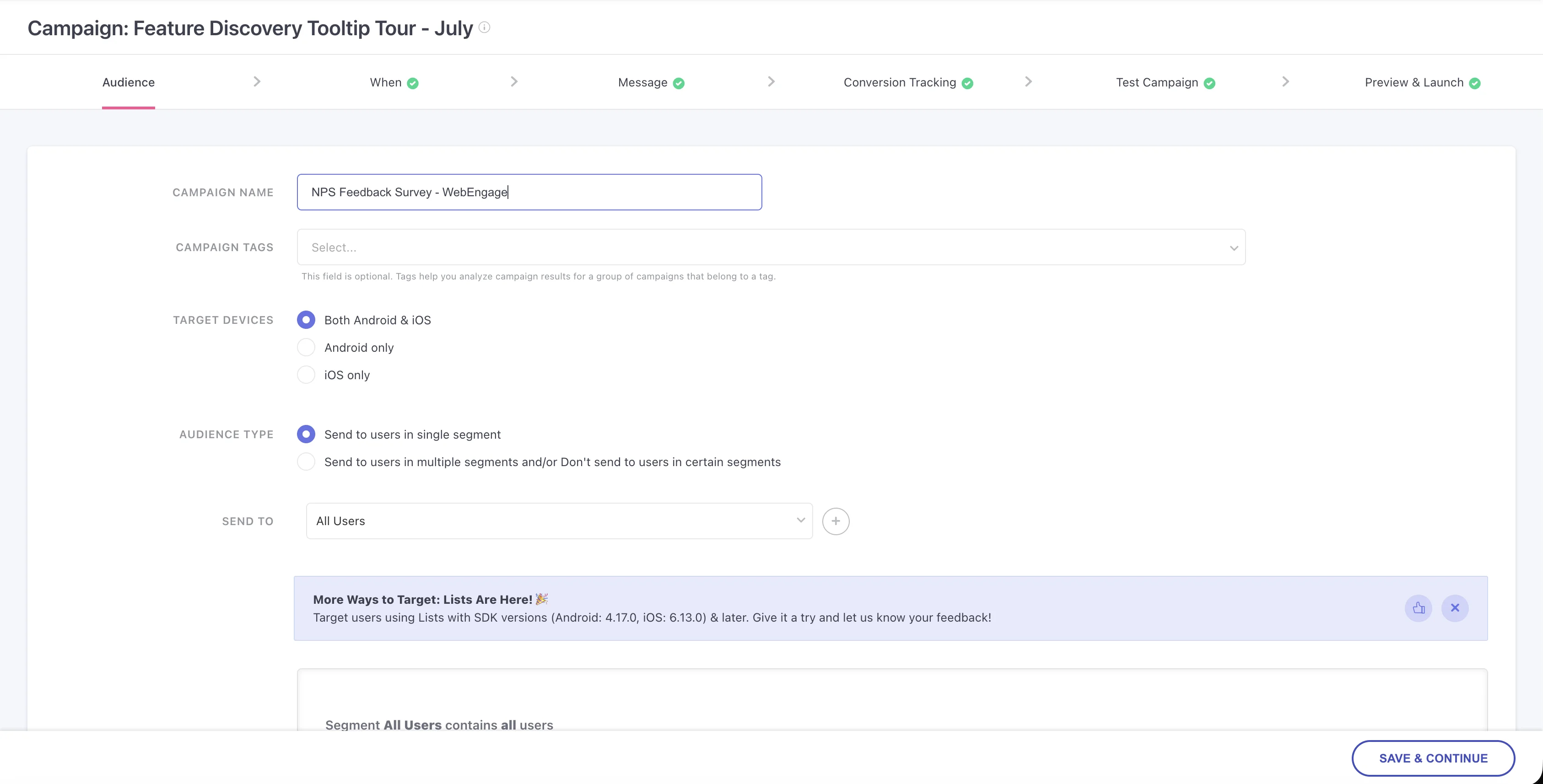 WebEngage Audience step for the Homepage Carousel Inline campaign