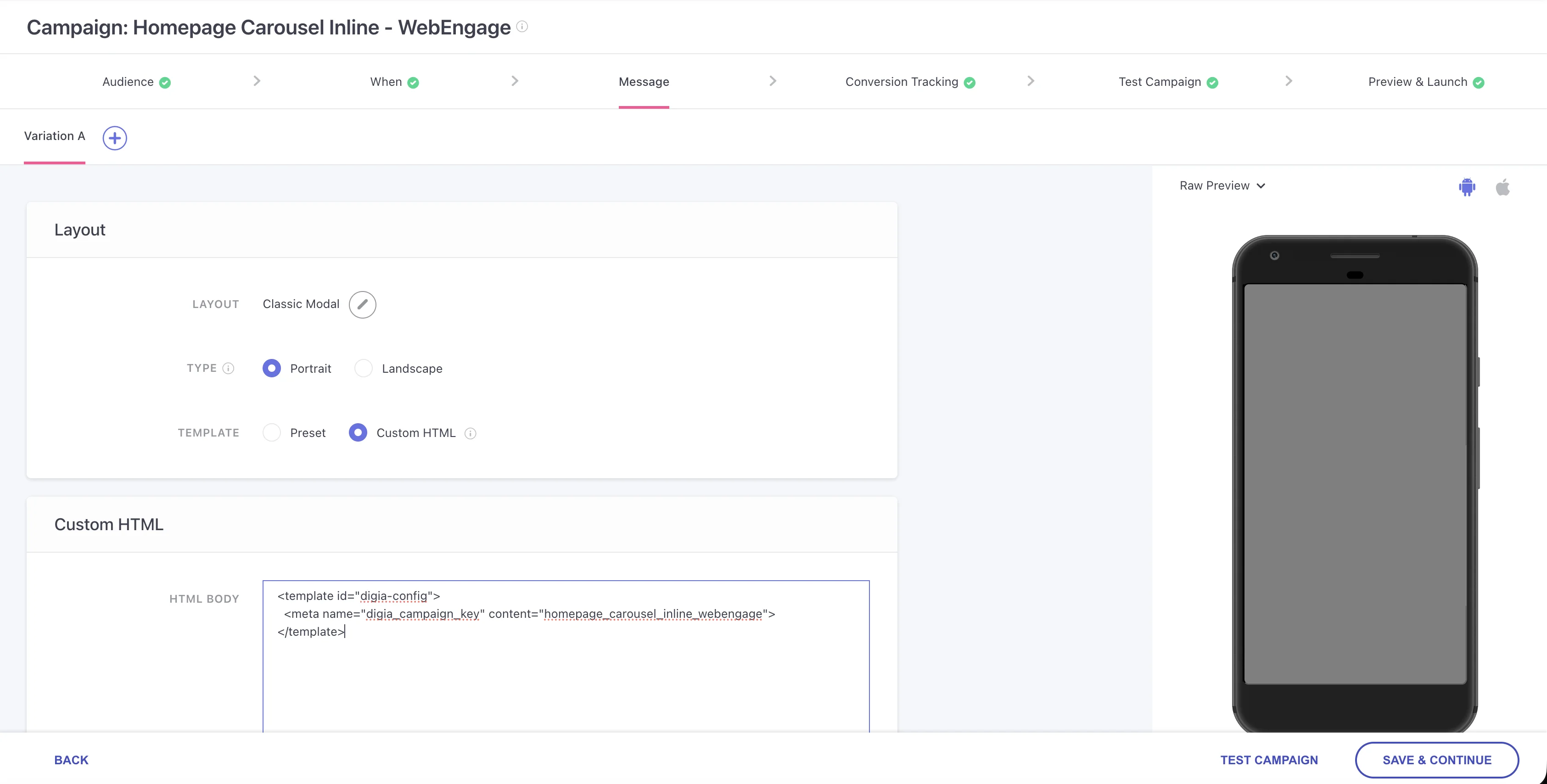 WebEngage Custom HTML editor with Digia Inline campaign key