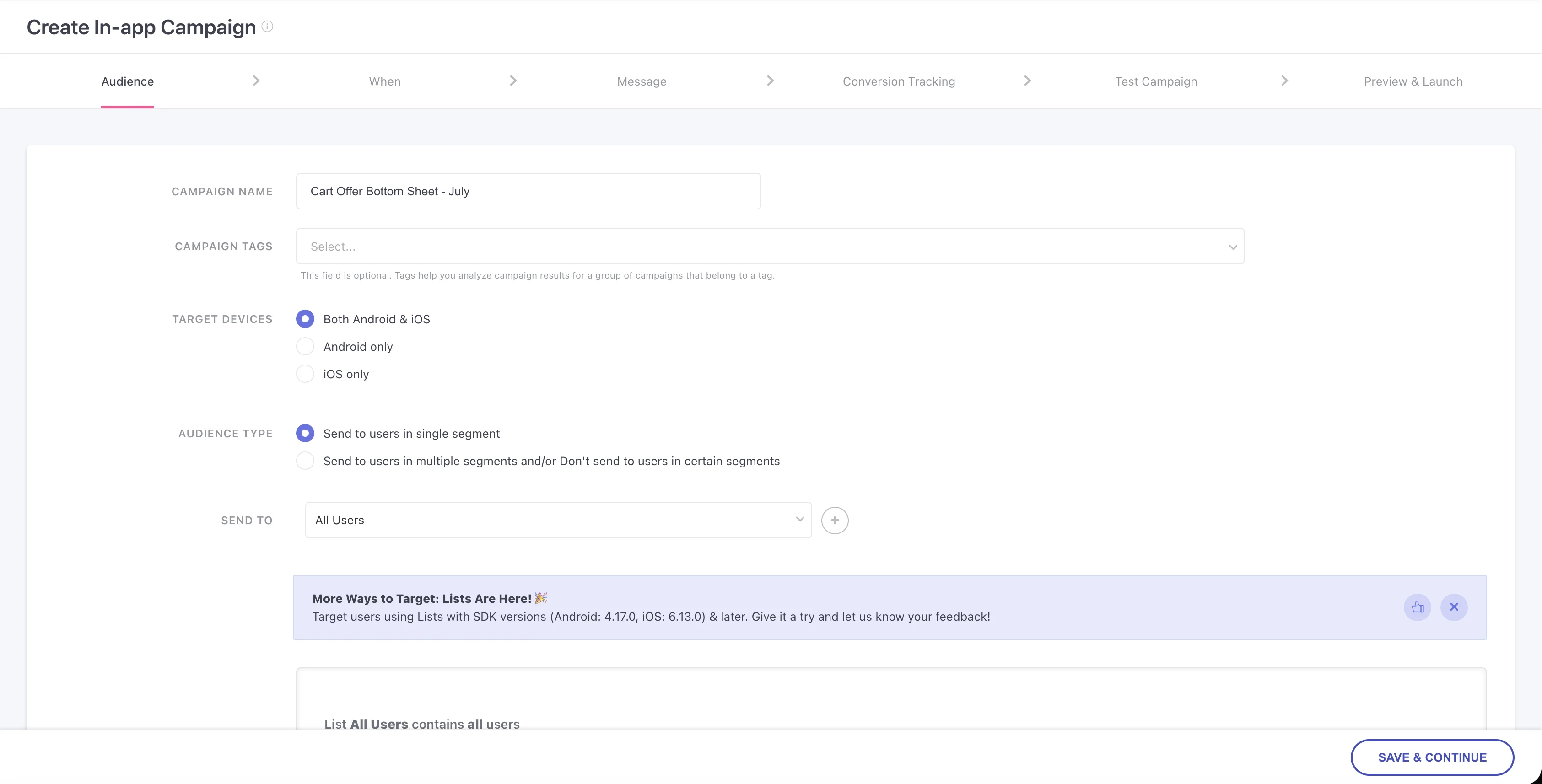 WebEngage Audience step for the Cart Offer Bottom Sheet campaign