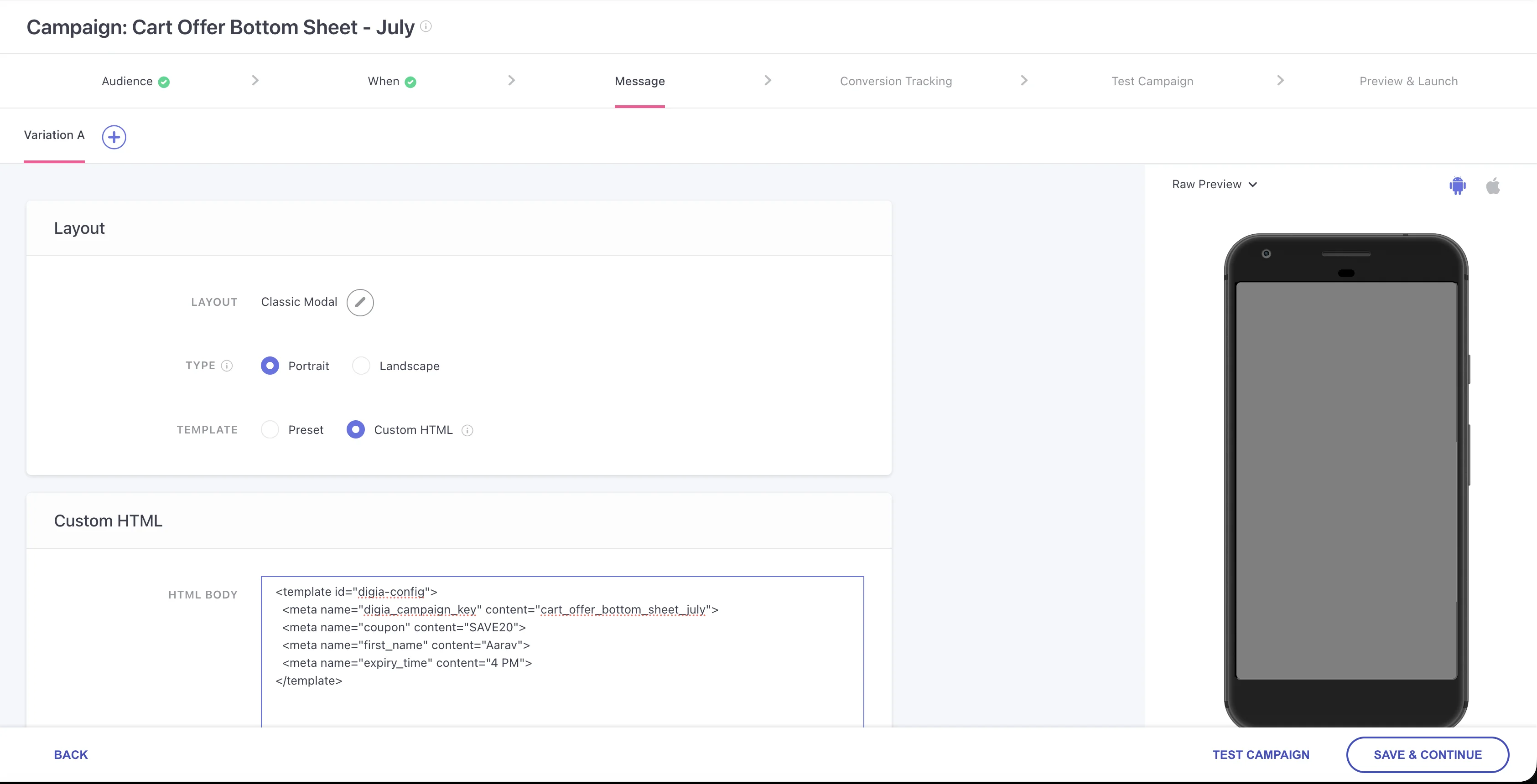 WebEngage Custom HTML editor with Digia campaign key and variables