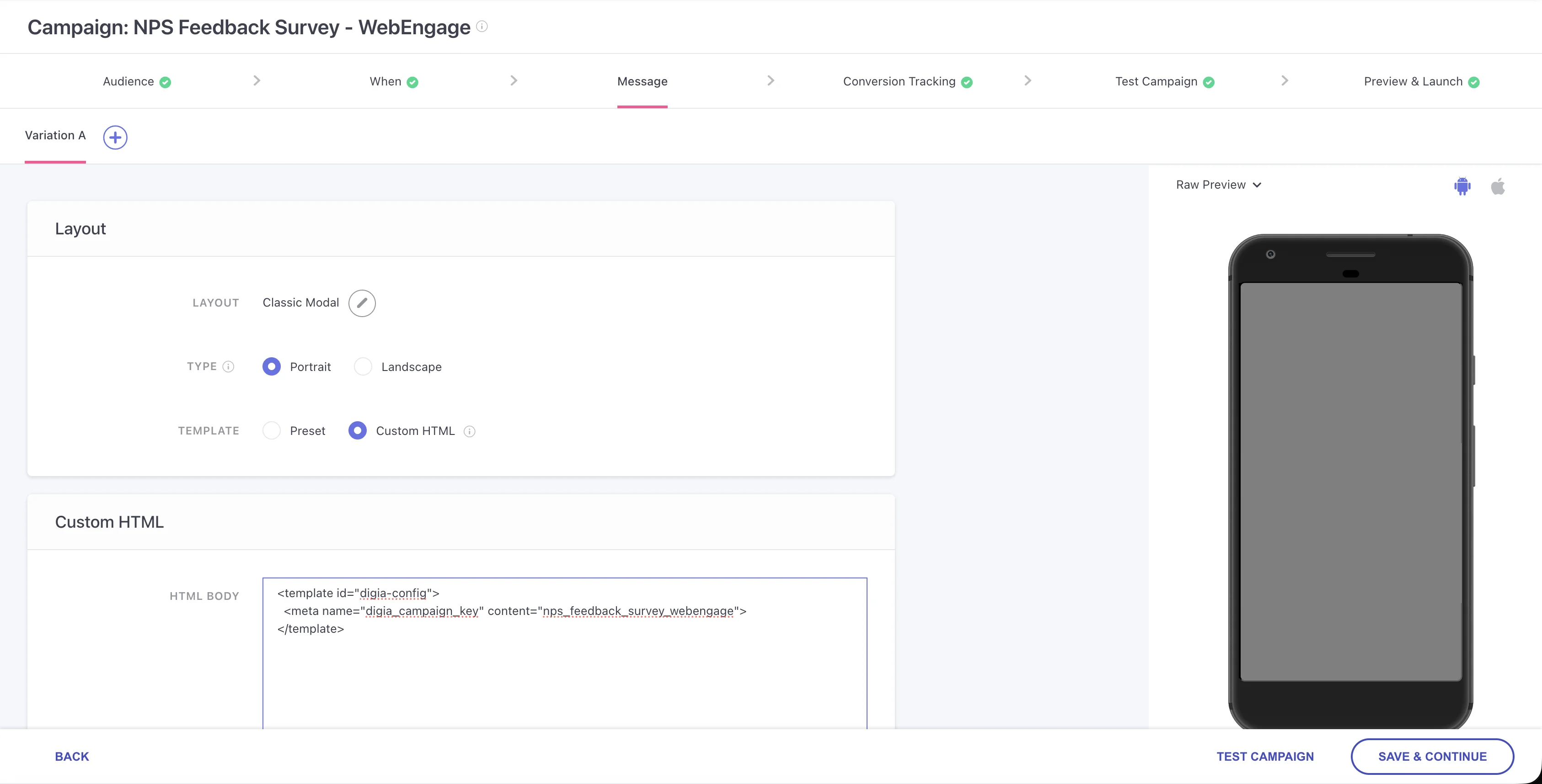 WebEngage Custom HTML editor with Digia Survey campaign key