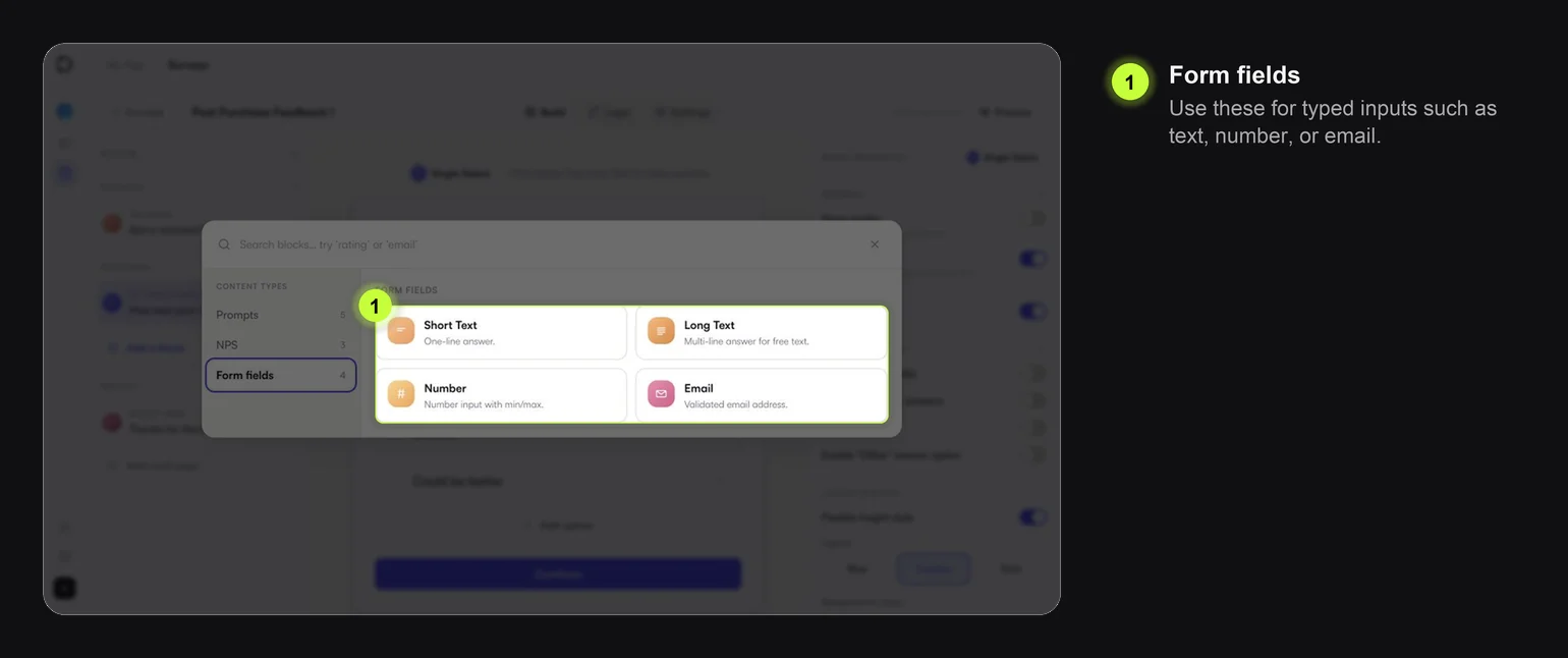Survey block picker showing form field blocks