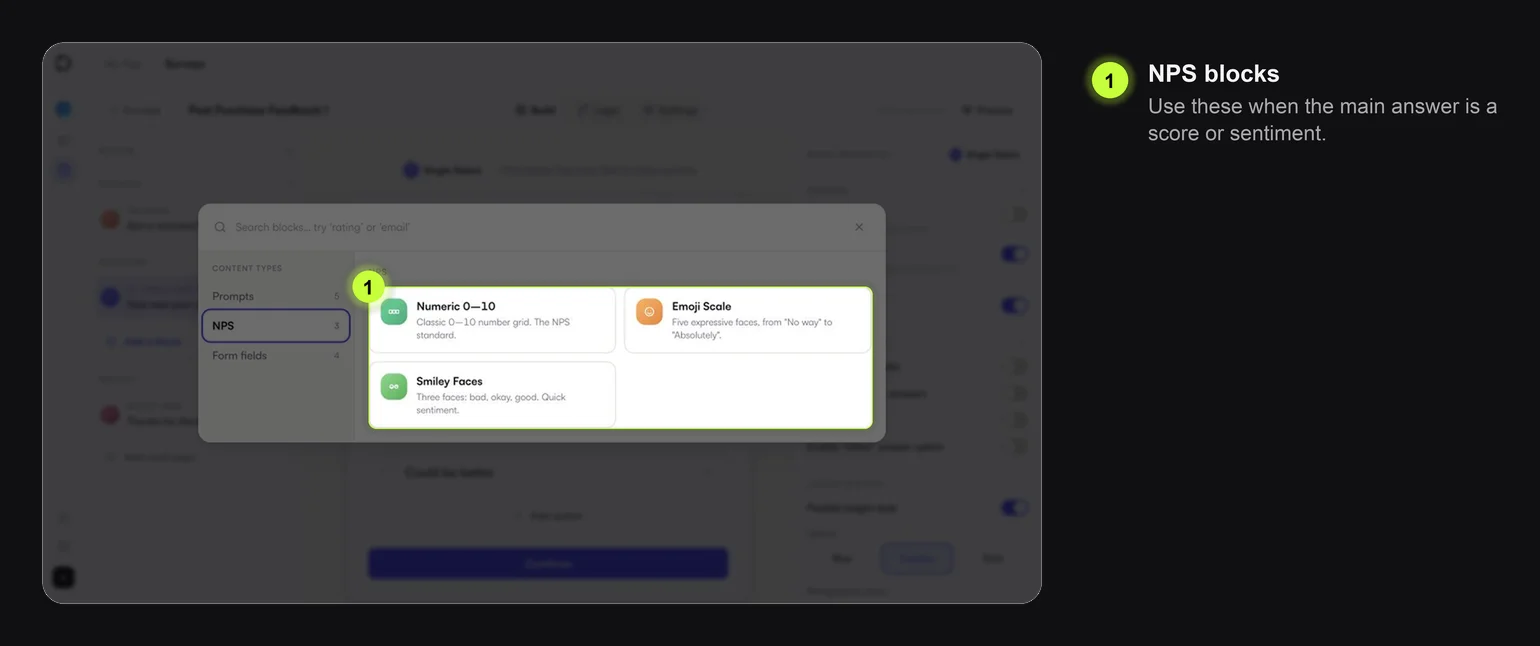 Survey block picker showing NPS blocks