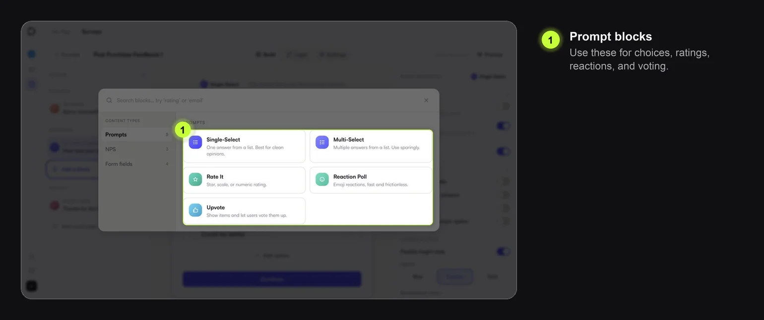 Survey block picker showing prompt blocks