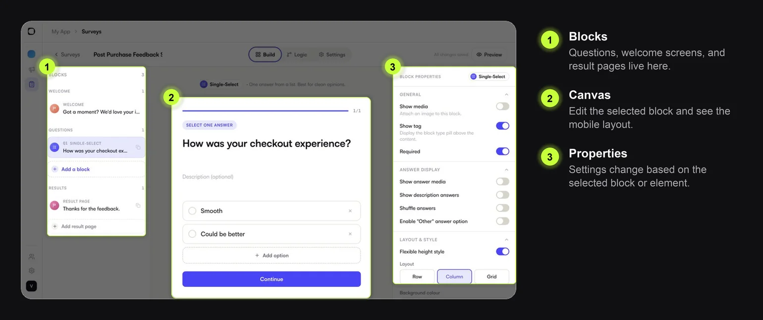 Digia Engage Survey builder with blocks, canvas, and properties highlighted