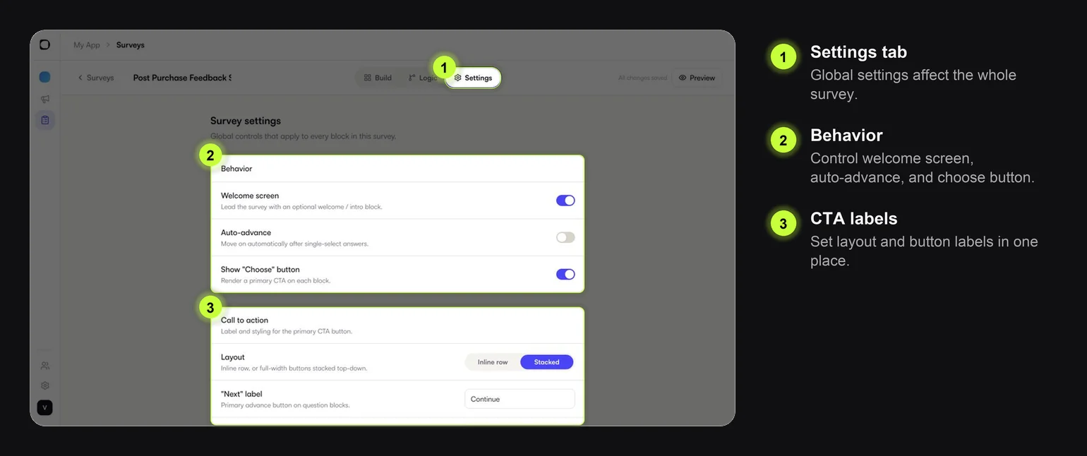 Survey Settings tab with behavior and call-to-action areas highlighted