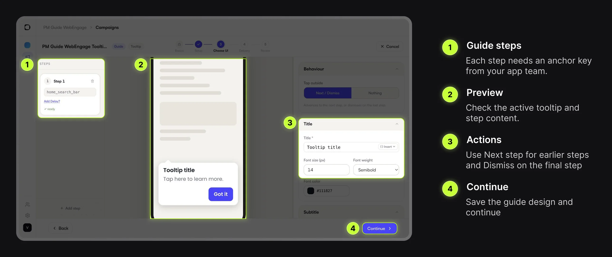 Digia Engage Guide builder with steps, preview, and action controls highlighted