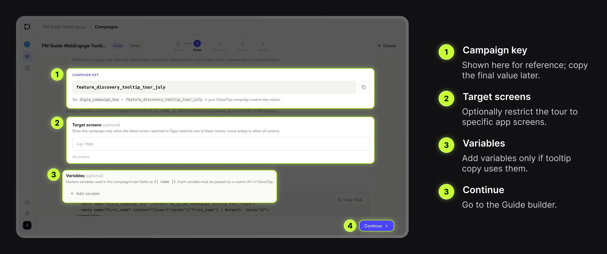 Digia Engage Setup step with campaign key, target screens, and variables highlighted