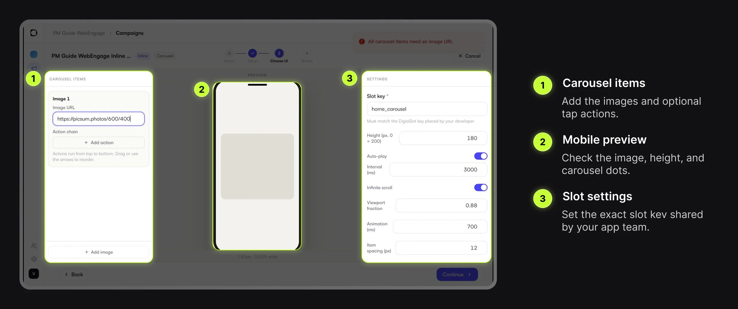 Digia Engage Inline Carousel builder with carousel items, preview, and slot settings highlighted