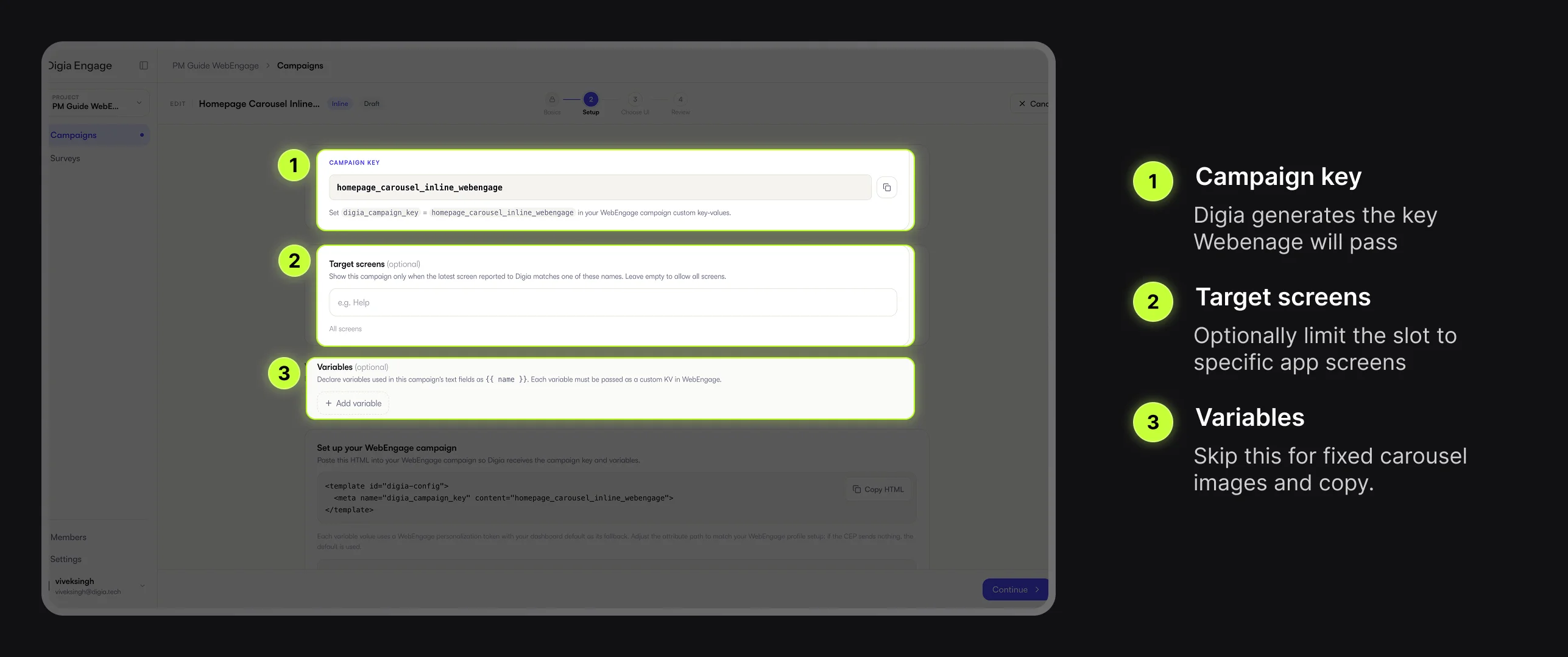 Digia Engage Inline Setup step with campaign key and target screens highlighted