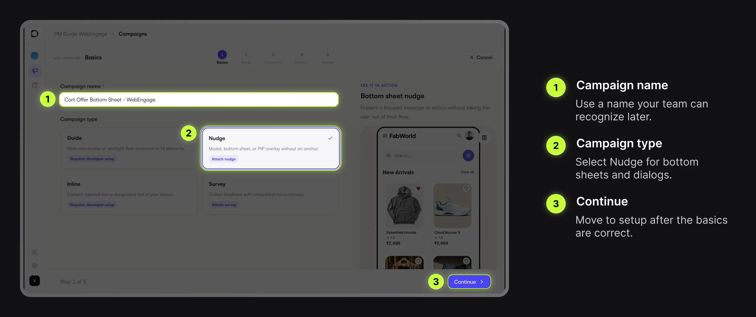 Digia Engage campaign Basics step with the Nudge campaign type highlighted