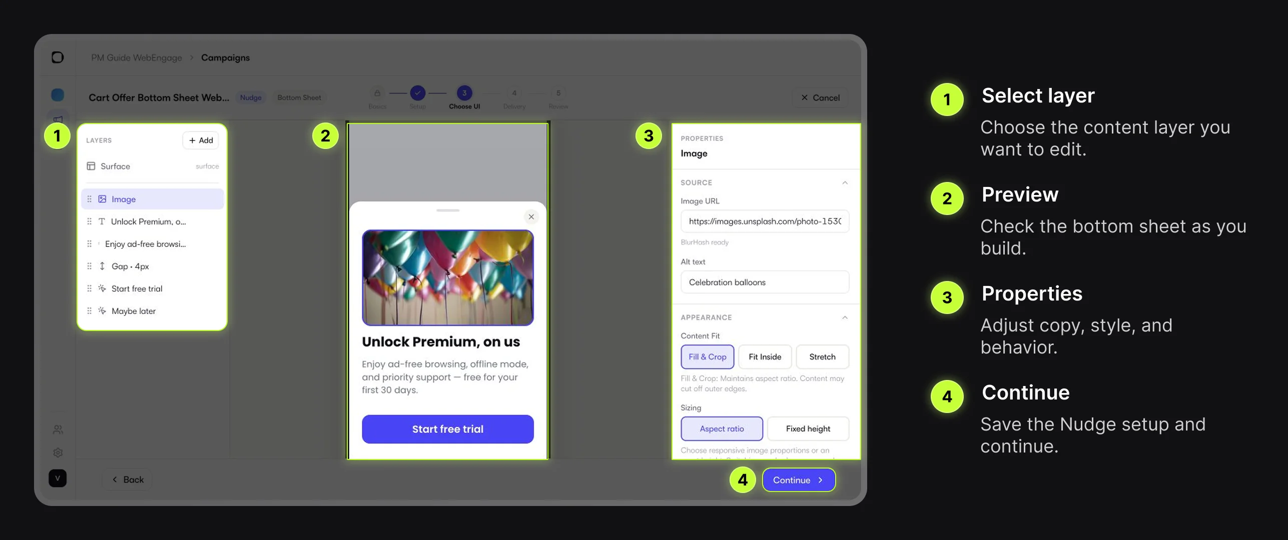 Digia Engage Nudge builder with layer selection, preview, properties, and continue highlighted