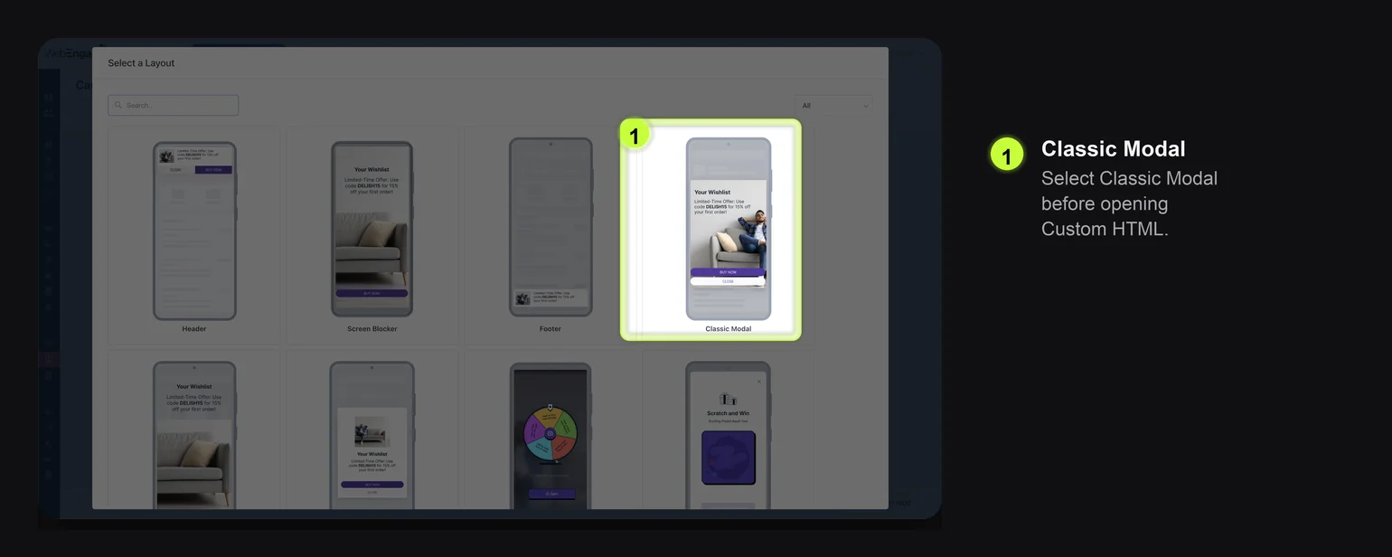 WebEngage Select a Layout modal with Classic Modal highlighted
