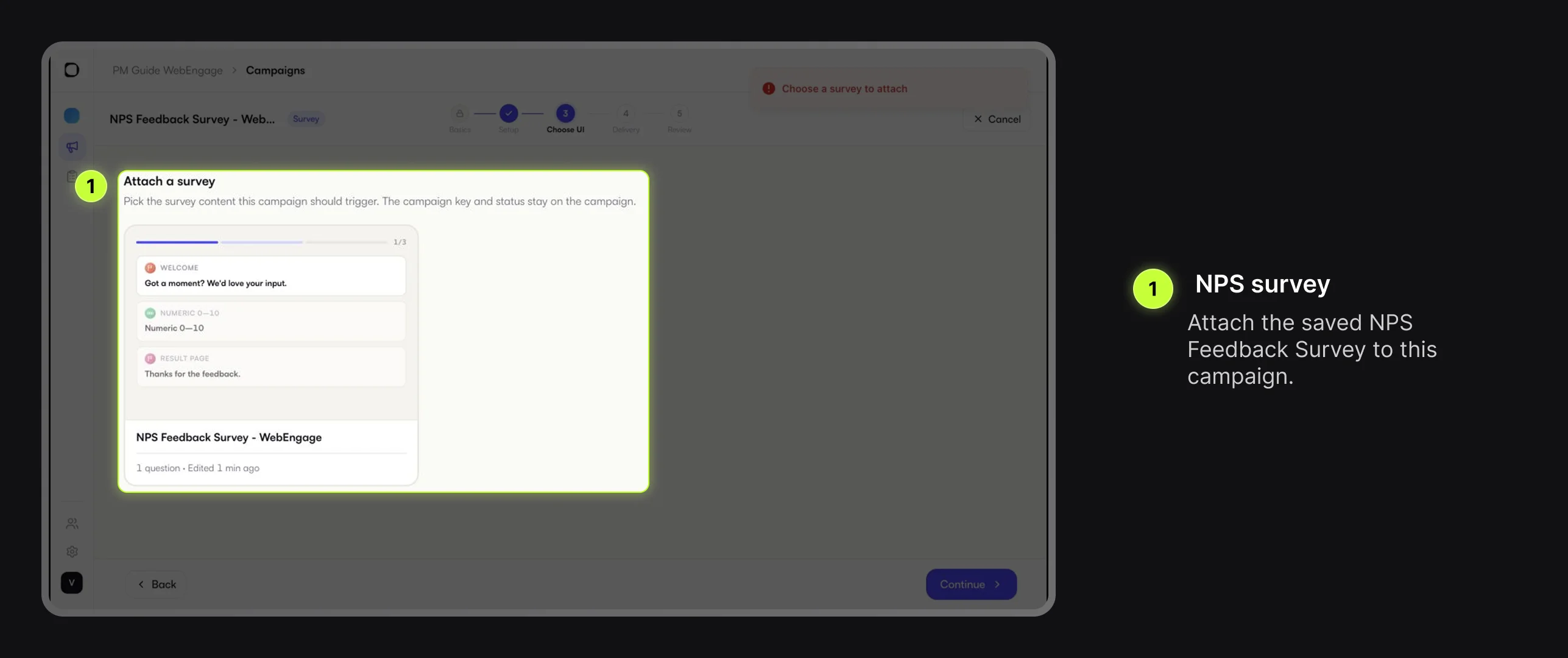 Digia Engage Attach a survey step with NPS Feedback Survey selected
