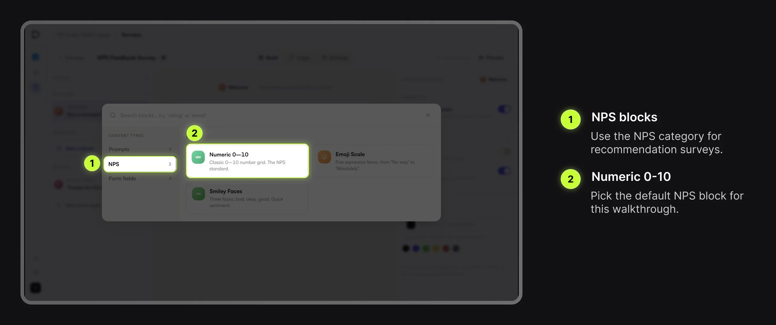 Digia Engage Survey block picker with NPS and Numeric 0-10 highlighted