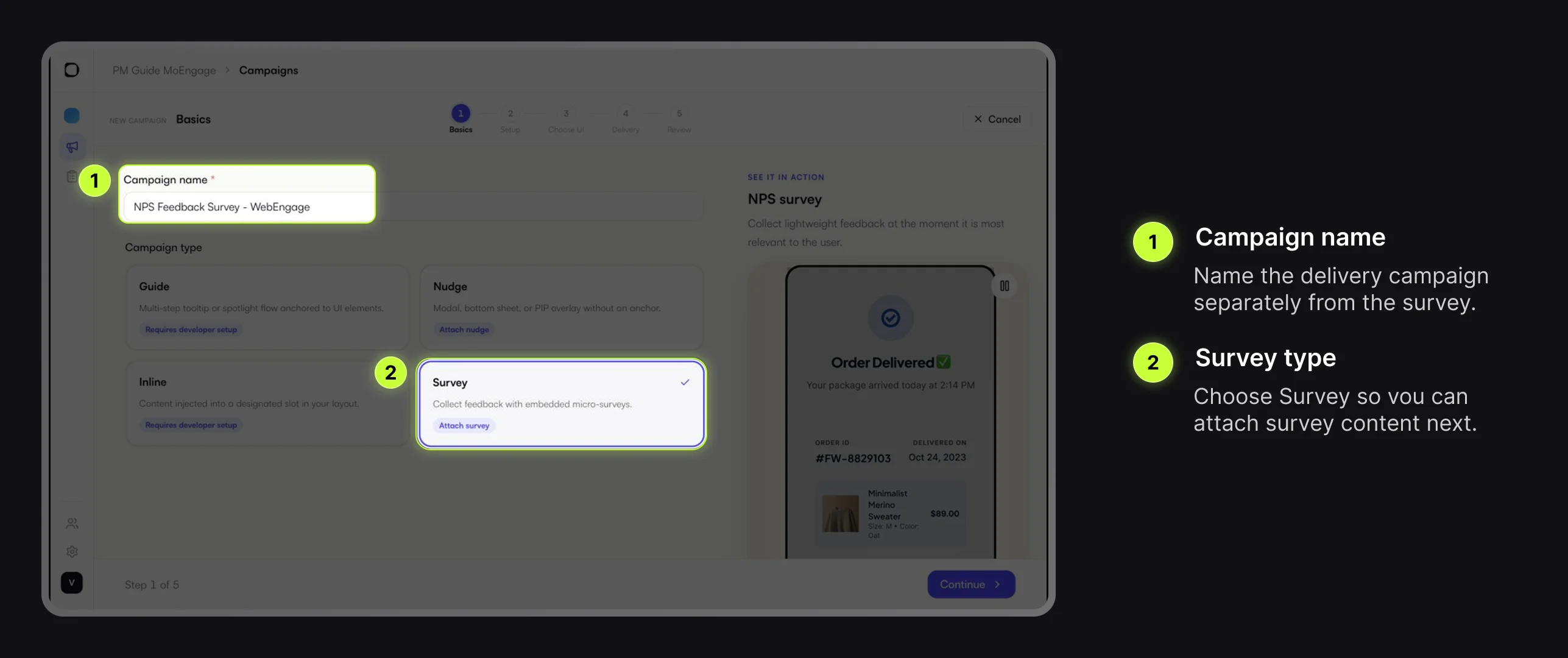 Digia Engage campaign Basics step with campaign name and Survey type highlighted