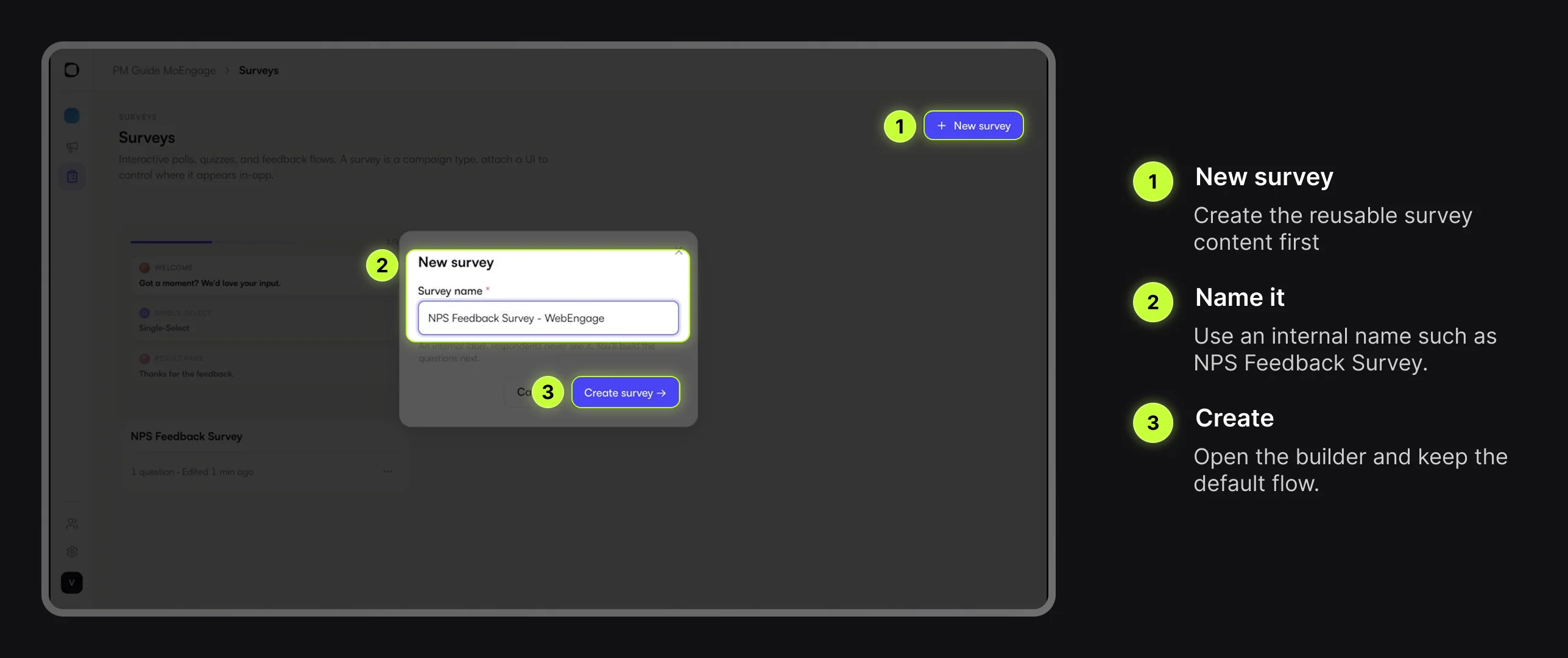 Digia Engage New survey modal with survey name and create button highlighted