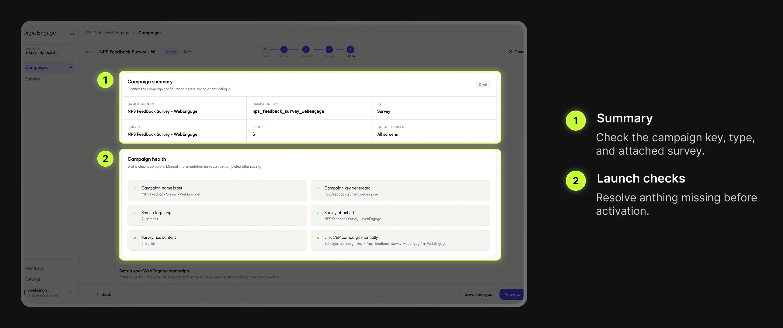 Digia Engage Survey campaign Review step with summary and launch checks highlighted