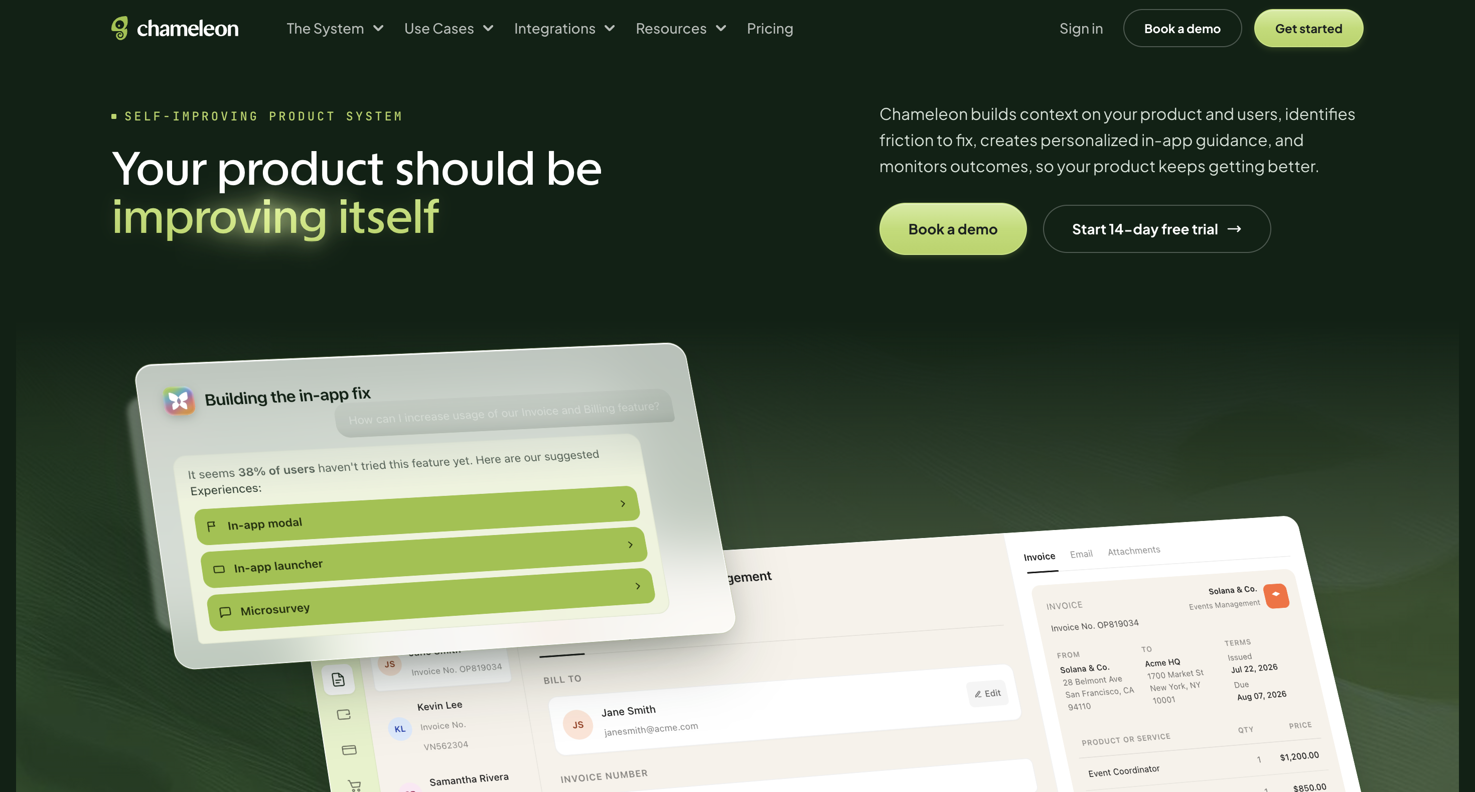 Chameleon product adoption homepage