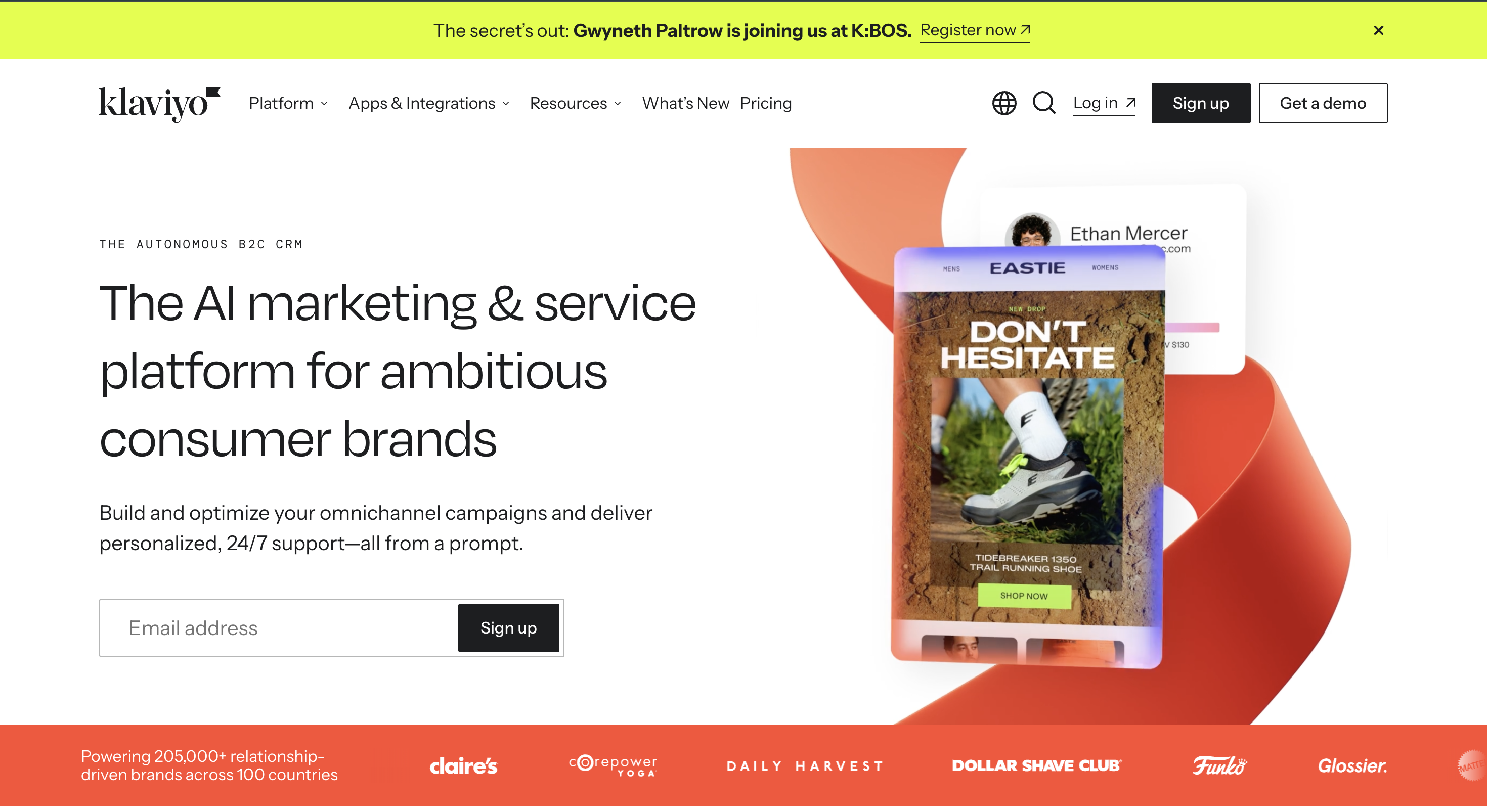 Klaviyo B2C CRM homepage